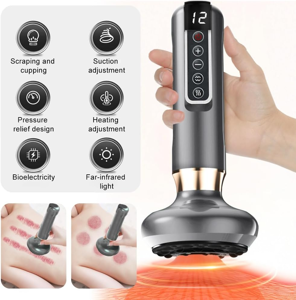 Hand hält ein graues Cupping-Gerät mit Display, Tasten und Infrarotlicht, mit Funktionssymbolen und Beispielen daneben.