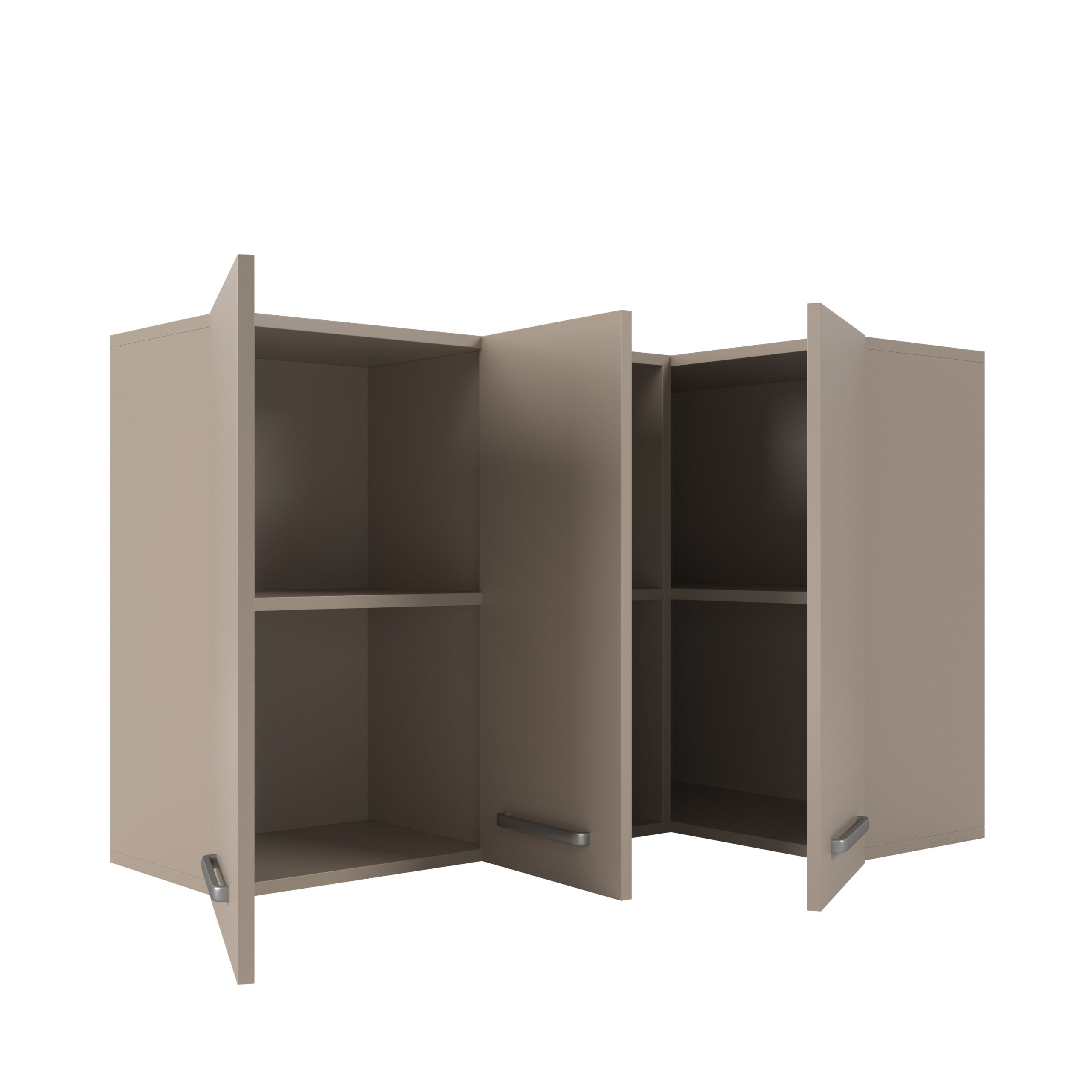 Ein beiger Eckküchenschrank mit offenen Türen und sichtbaren Regalen vor weißem Hintergrund.