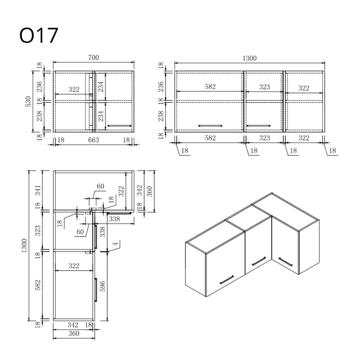 Technischer Bauplan von Eck-Küchenschränken mit Maßen und einer 3D-Ansicht, beschriftet als O17.