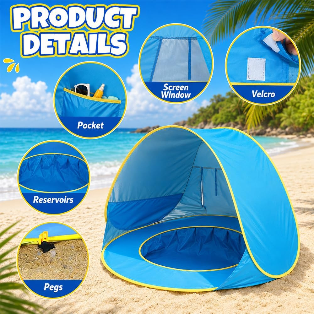 Blaue Strandmuschel mit Details wie Taschen, Fenstern, Klettverschluss, Wasserreservoirs und Heringen.