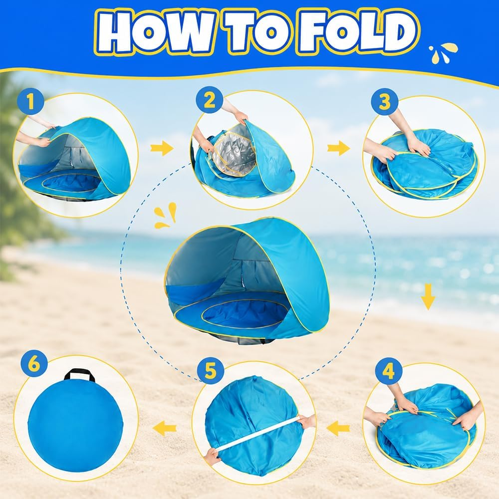 Eine Anleitung in sechs Schritten zum Zusammenlegen eines blauen Strandzeltes.