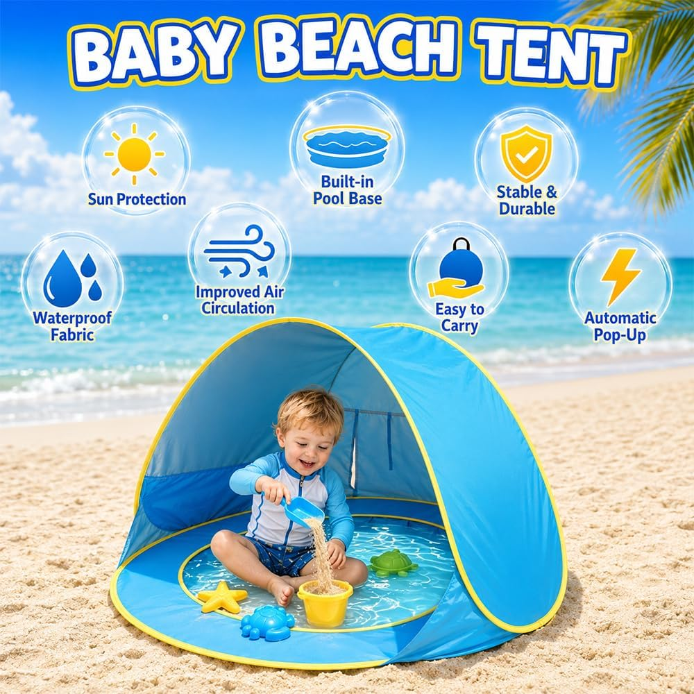 Baby spielt in blauem Strandzelt mit eingebautem Pool und Sonnenschutz auf Sandstrand.