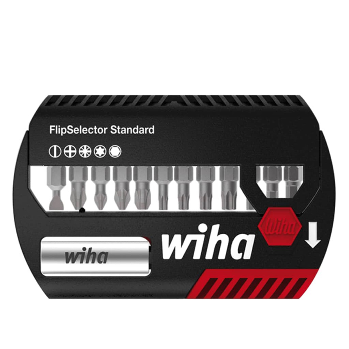 Ein schwarzer Wiha FlipSelector Standard Bissenkasten mit sichtbaren Schraubendreherbits.