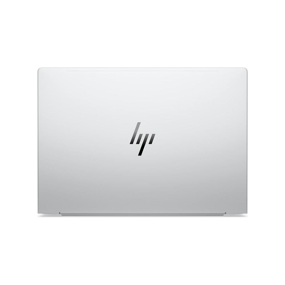 Ordinateur portable HP argenté fermé vu du dessus, avec le logo HP au centre sur fond blanc.