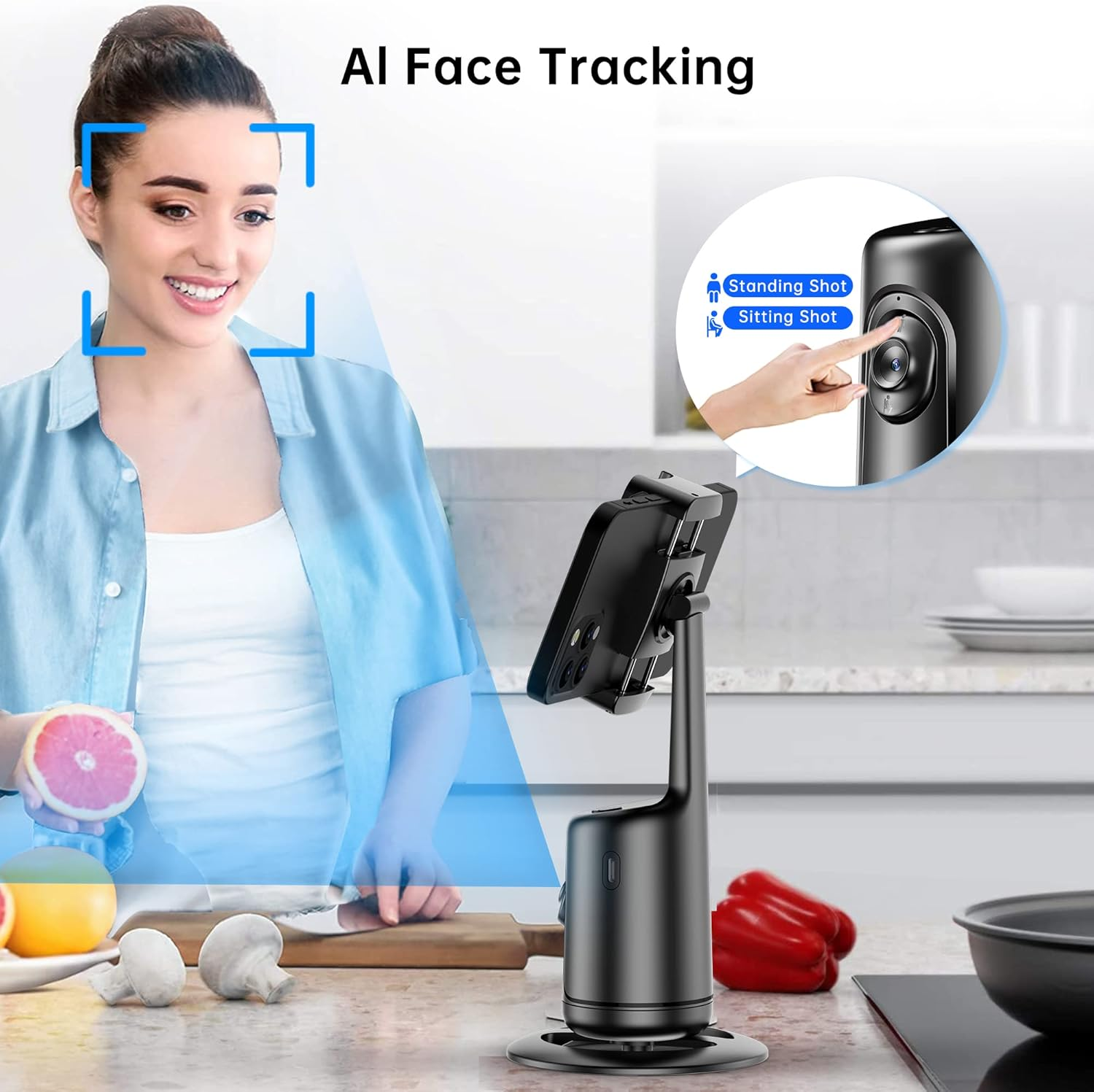 Eine Frau bereitet Essen in einer Küche vor, getrackt von einer KI-Smartphone-Halterung.