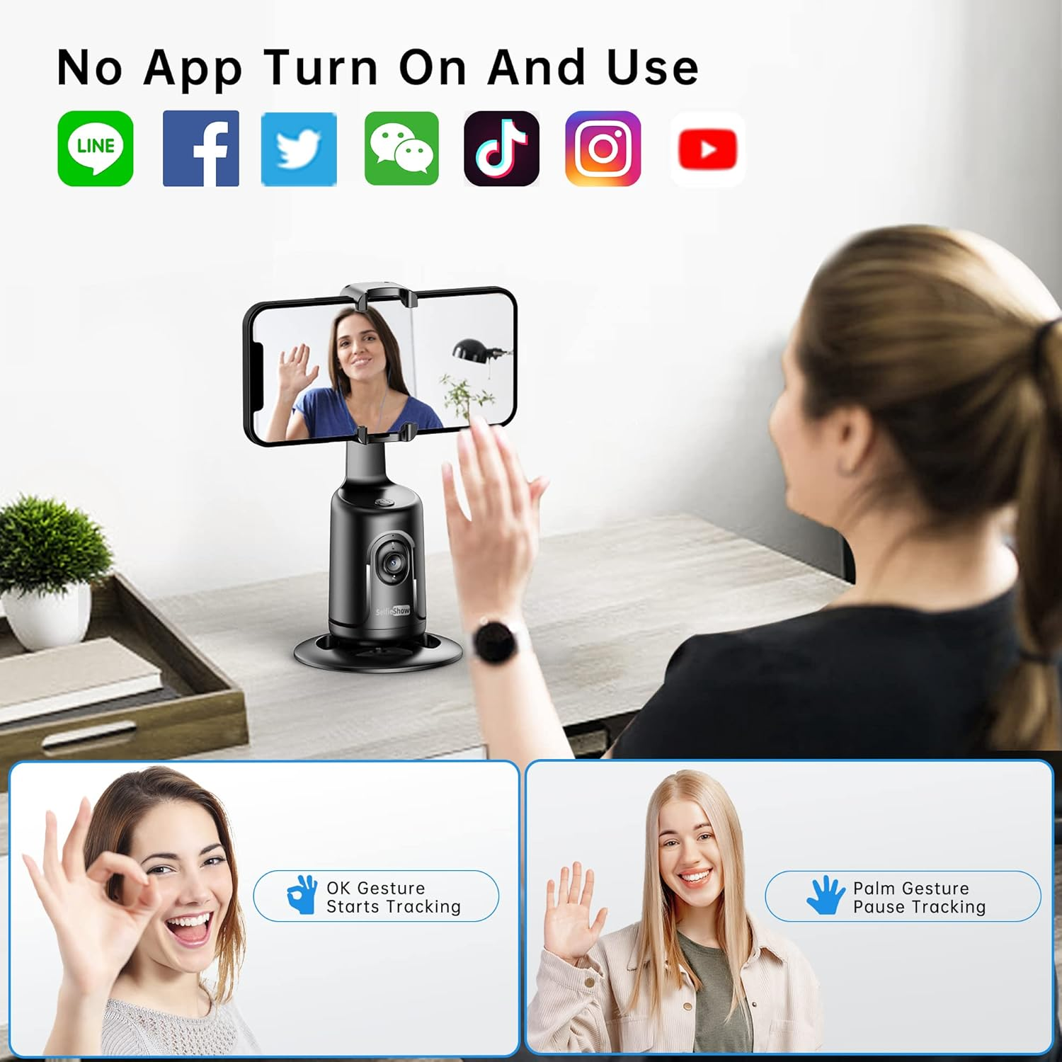 Eine Frau winkt einer automatischen Handy-Halterung zu, die Gesten erkennt.