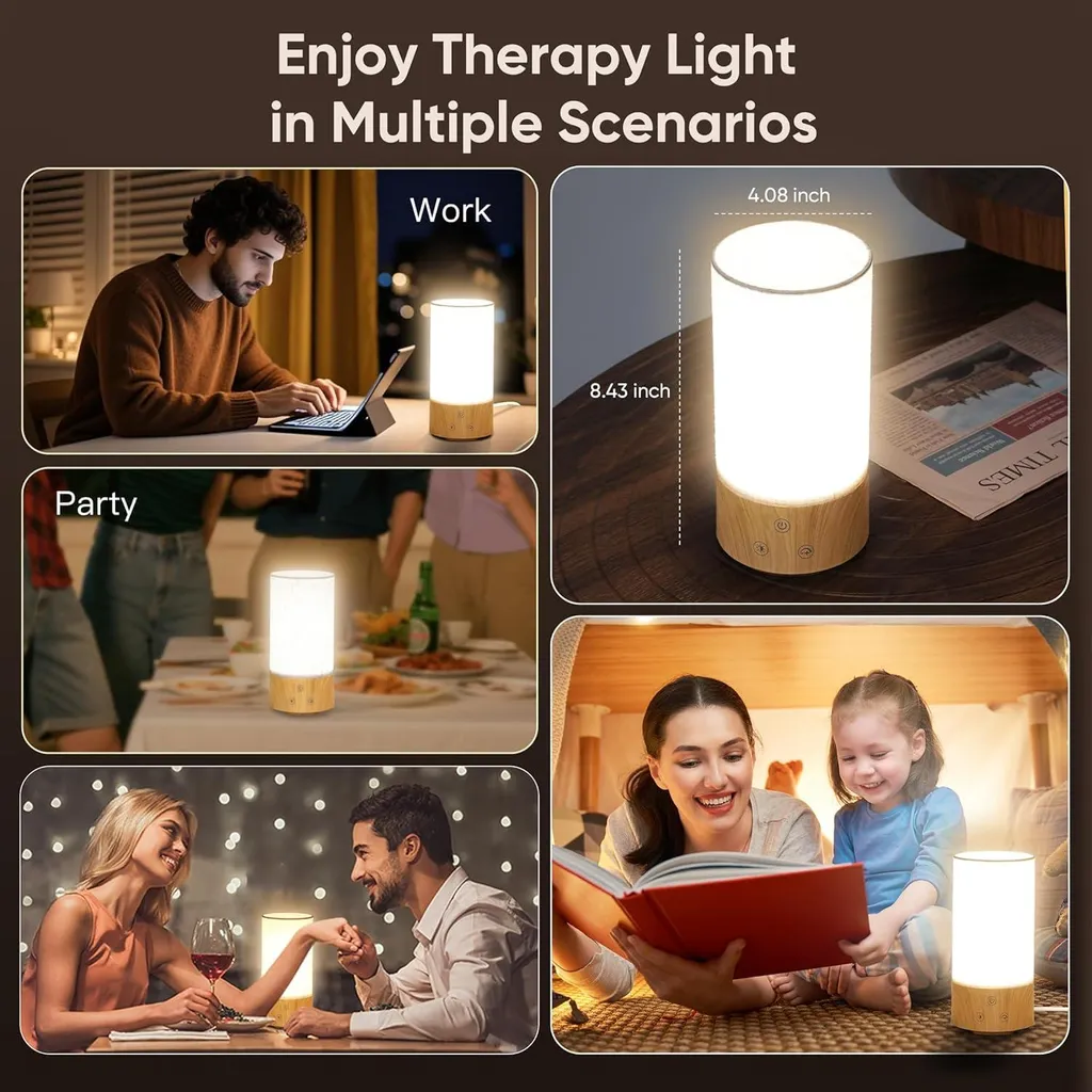 Eine Collage zeigt eine zylindrische Holzl-Therapielampe in verschiedenen Szenarien wie Arbeit, Party und Lesen.