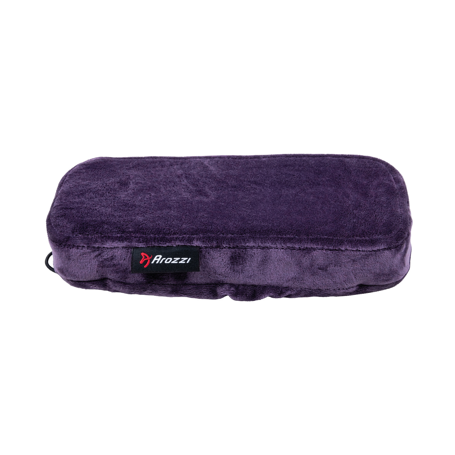 Un cuscino in velluto viola con il logo Arozzi nero su un lato.