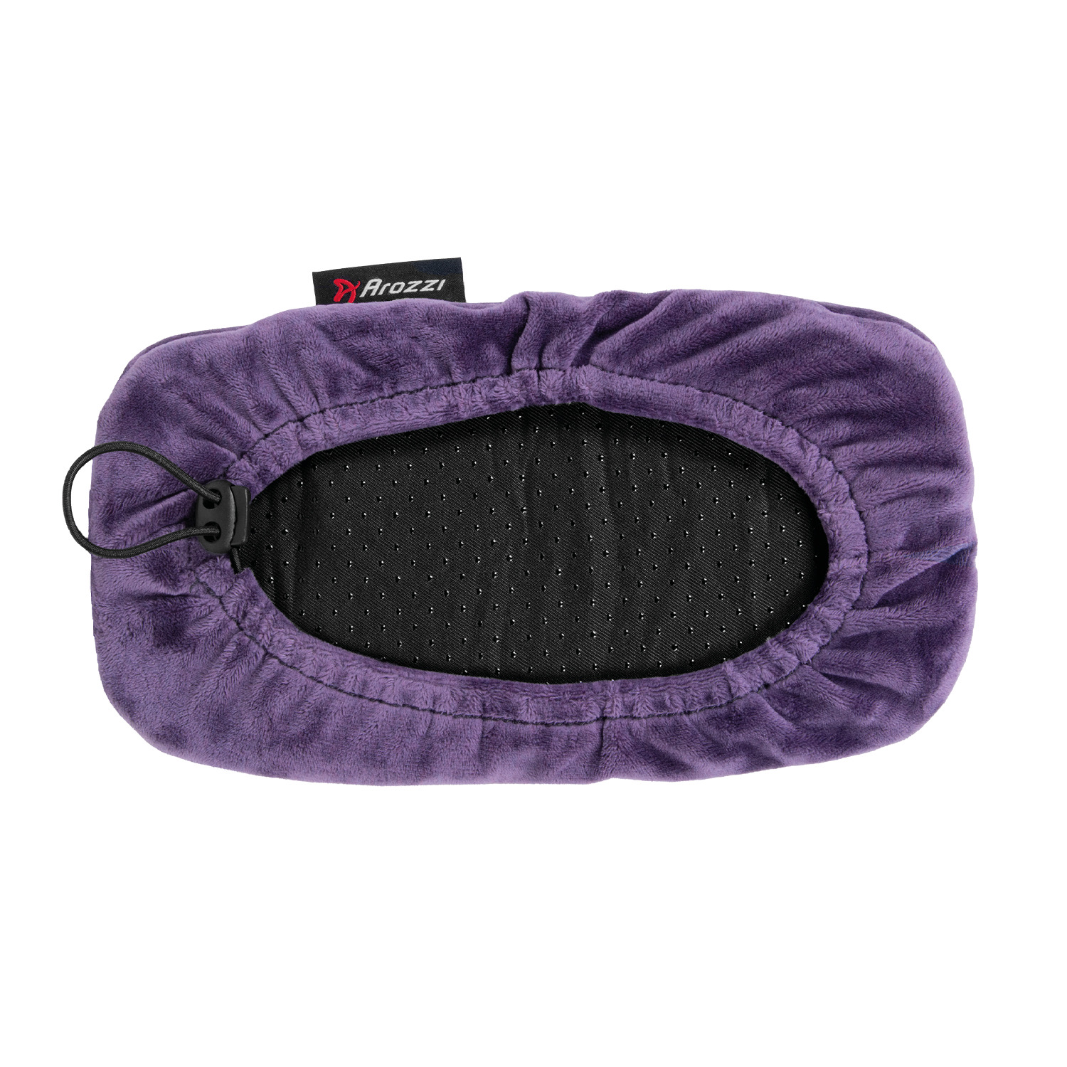 Fodera per bracciolo in peluche viola con fondo nero puntinato, coulisse ed etichetta Arozzi.