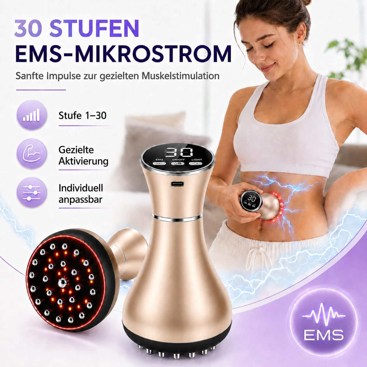 Eine Frau nutzt ein EMS-Mikrostrom-Gerät für den Bauch, daneben Detailansichten und Erklärungen.