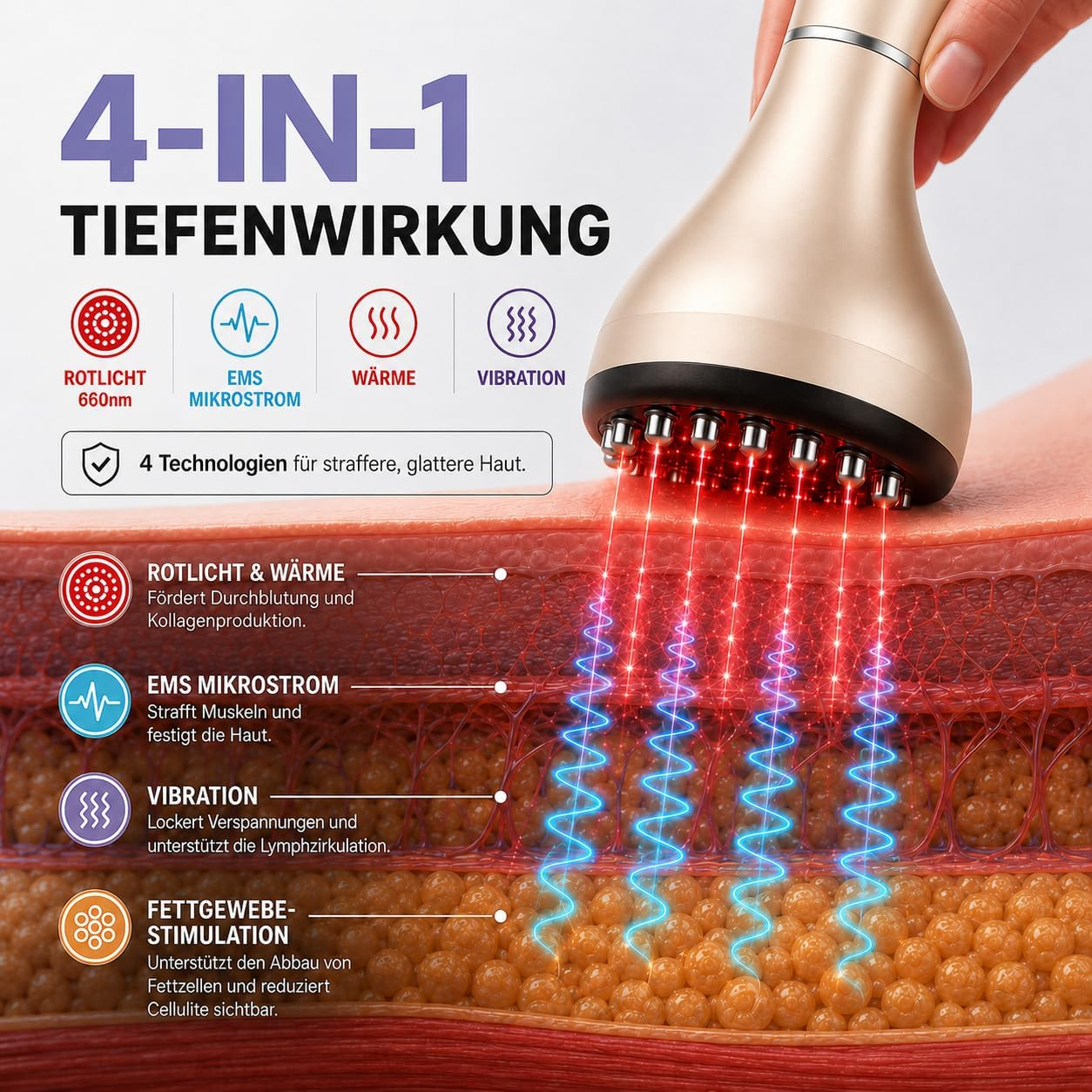 Ein 4-in-1-Hautpflegegerät zeigt Licht- und Wärmetherapie auf einer Hautschicht mit erklärenden Infografiken.