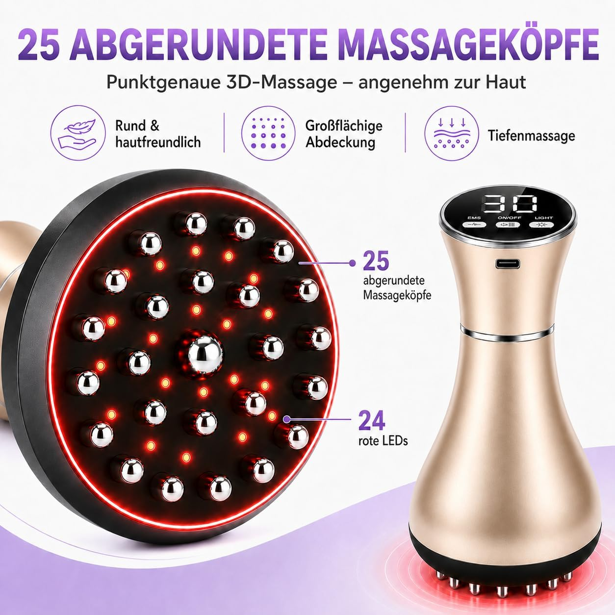 Massagegerät mit 25 abgerundeten Köpfen, rotem Licht und LED-Display.