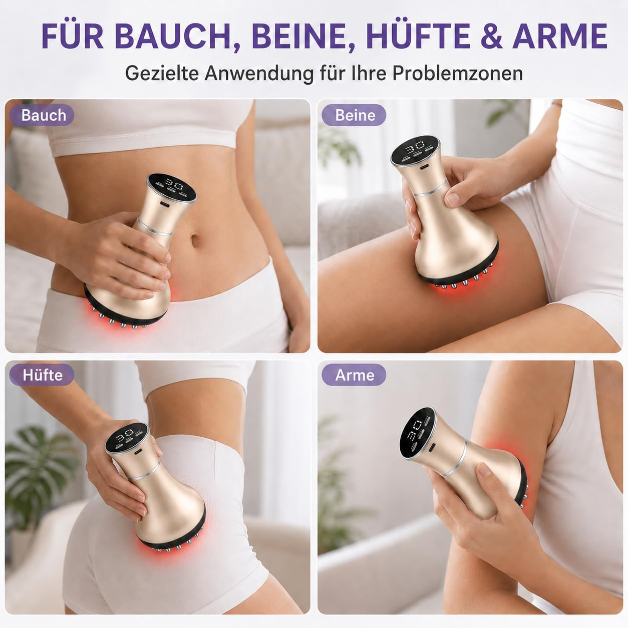Vier Bilder zeigen die Anwendung eines goldenen Massagegeräts an Bauch, Beinen, Hüfte und Armen mit rotem Licht.
