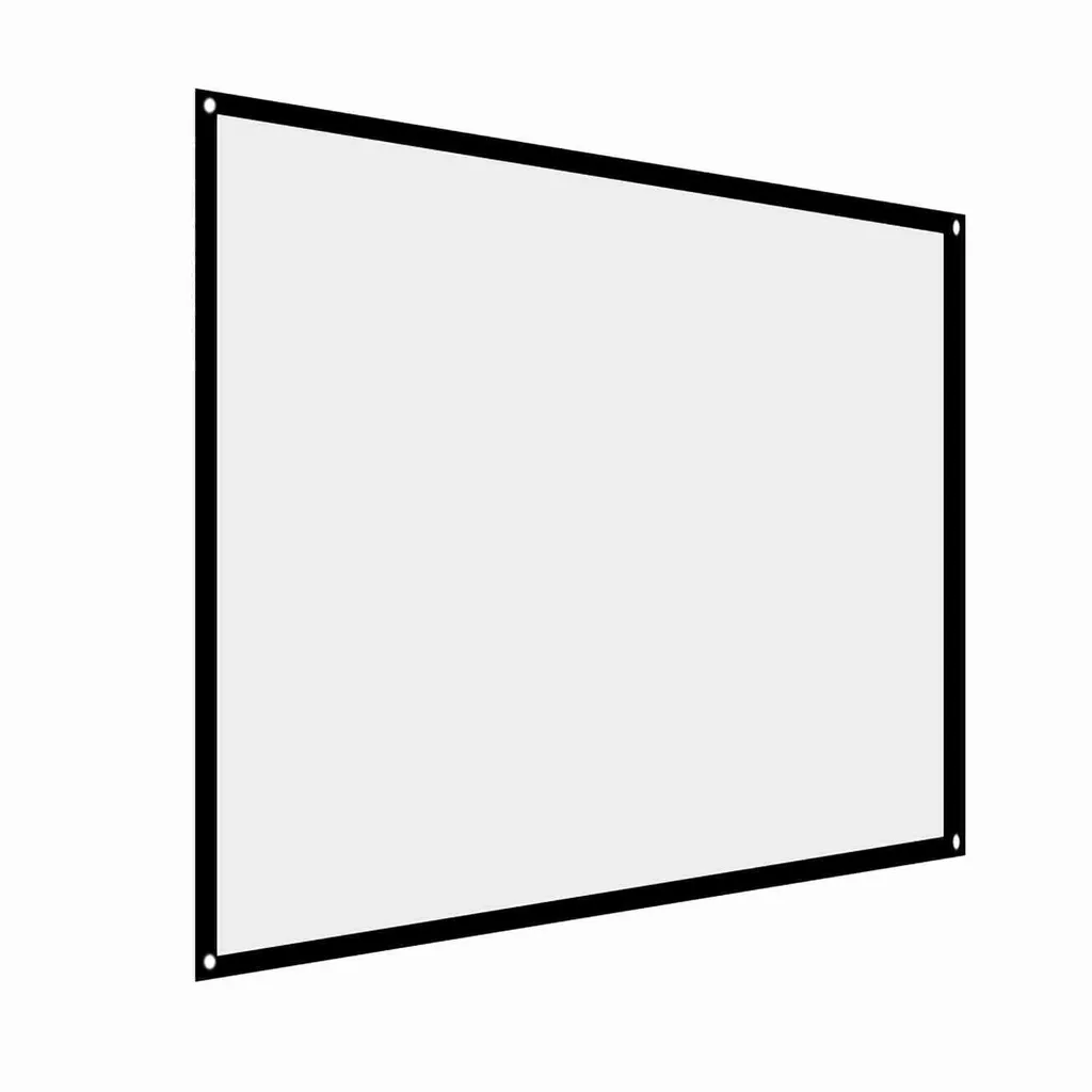 Eine weiße Projektionswand mit einem schwarzen Rand und Ösen in den Ecken auf weißem Hintergrund.