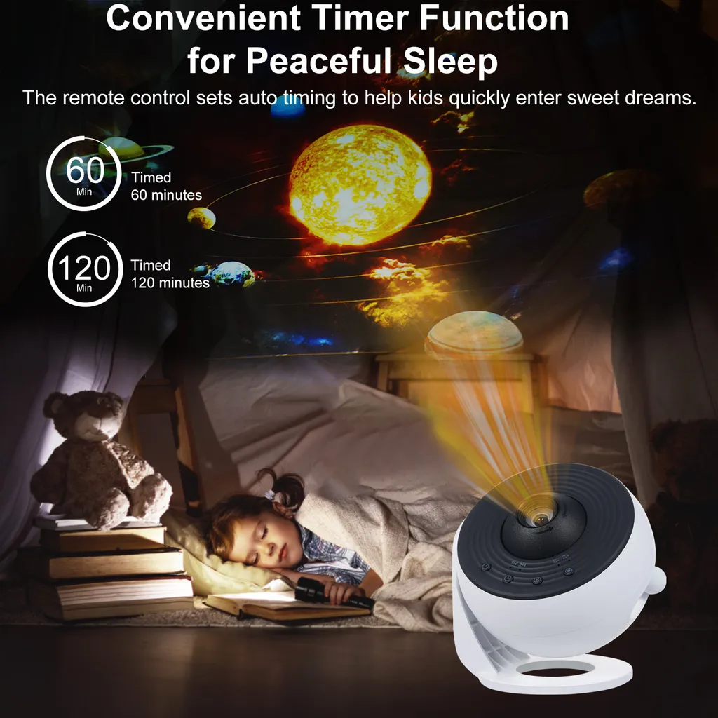 Ein Sternenprojektor projiziert Planeten an die Wand, während ein Kind im Bett schläft.
