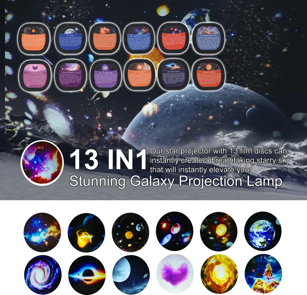 Werbebild für einen Sternprojektor mit 13 verschiedenen Filmdiscs von Galaxien und Planeten.