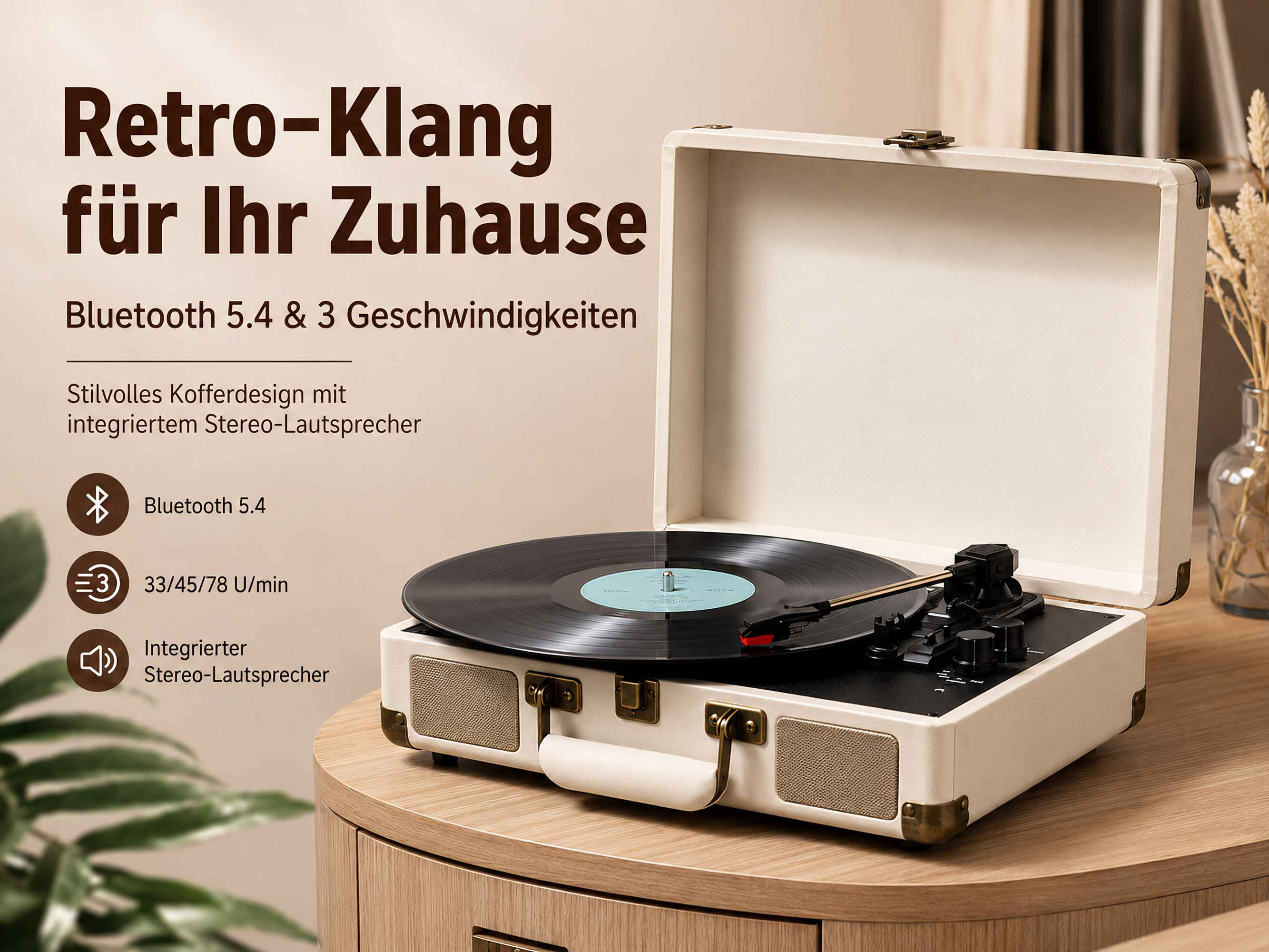 Ein weißer Retro-Plattenspieler in Kofferform auf einem Holzschrank mit deutscher Werbung.