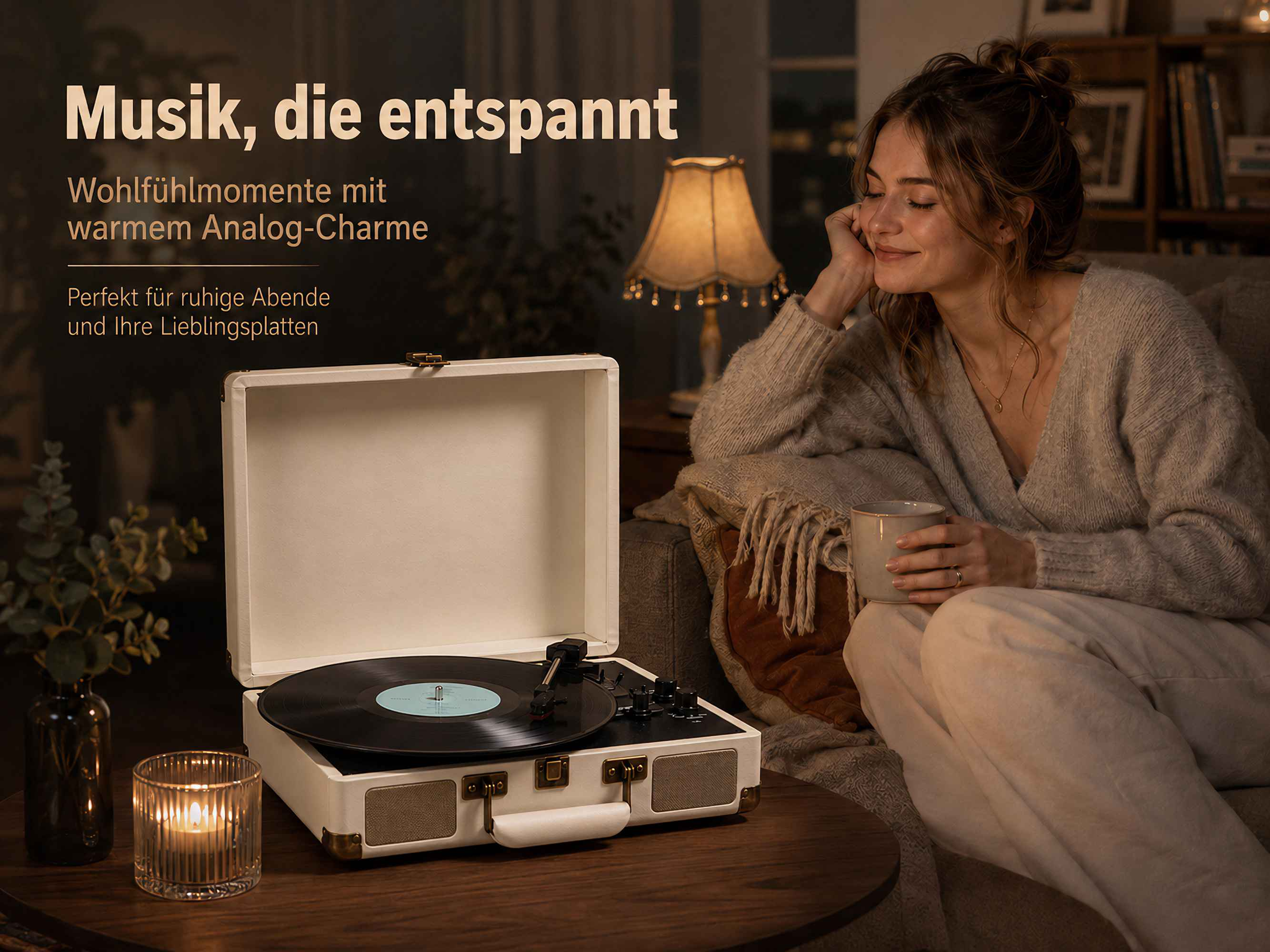Eine Frau entspannt auf einem Sofa neben einem Plattenspieler und einer Kerze auf dem Tisch.