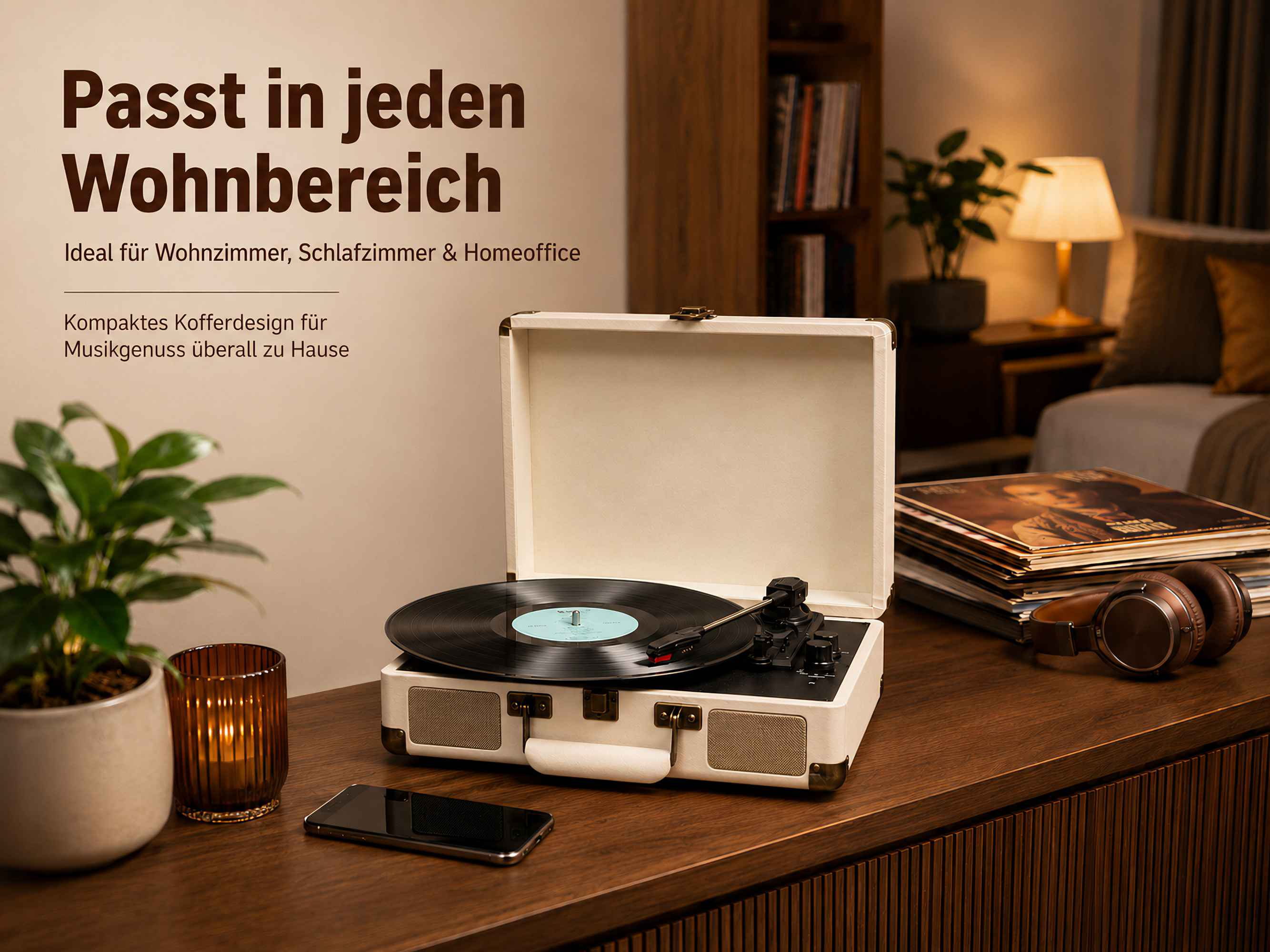 Ein weißer Koffer-Plattenspieler steht auf einem Holztisch mit Vinylplatten, Kopfhörern und Text auf der linken Seite.