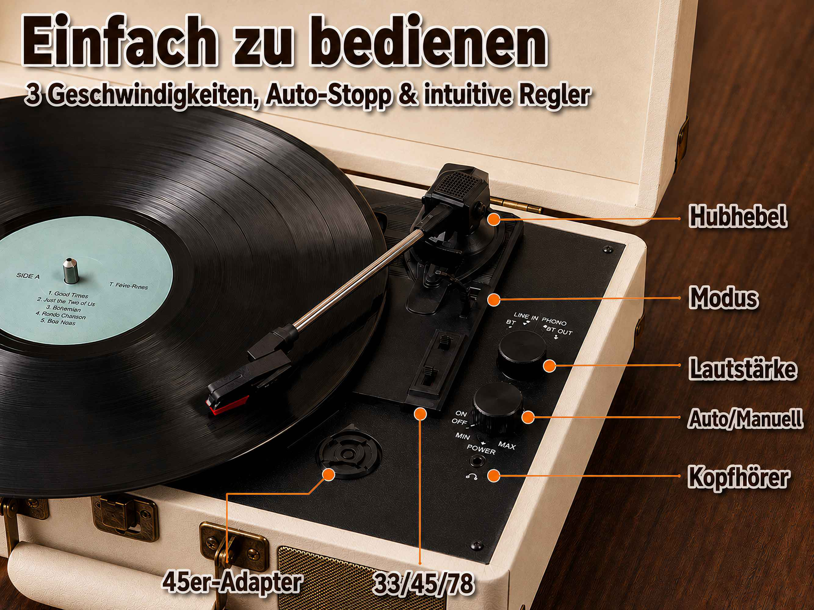 Plattenspieler mit Vinylplatte und markierten Bedienelementen wie Lautstärke und Modi auf Holztisch.