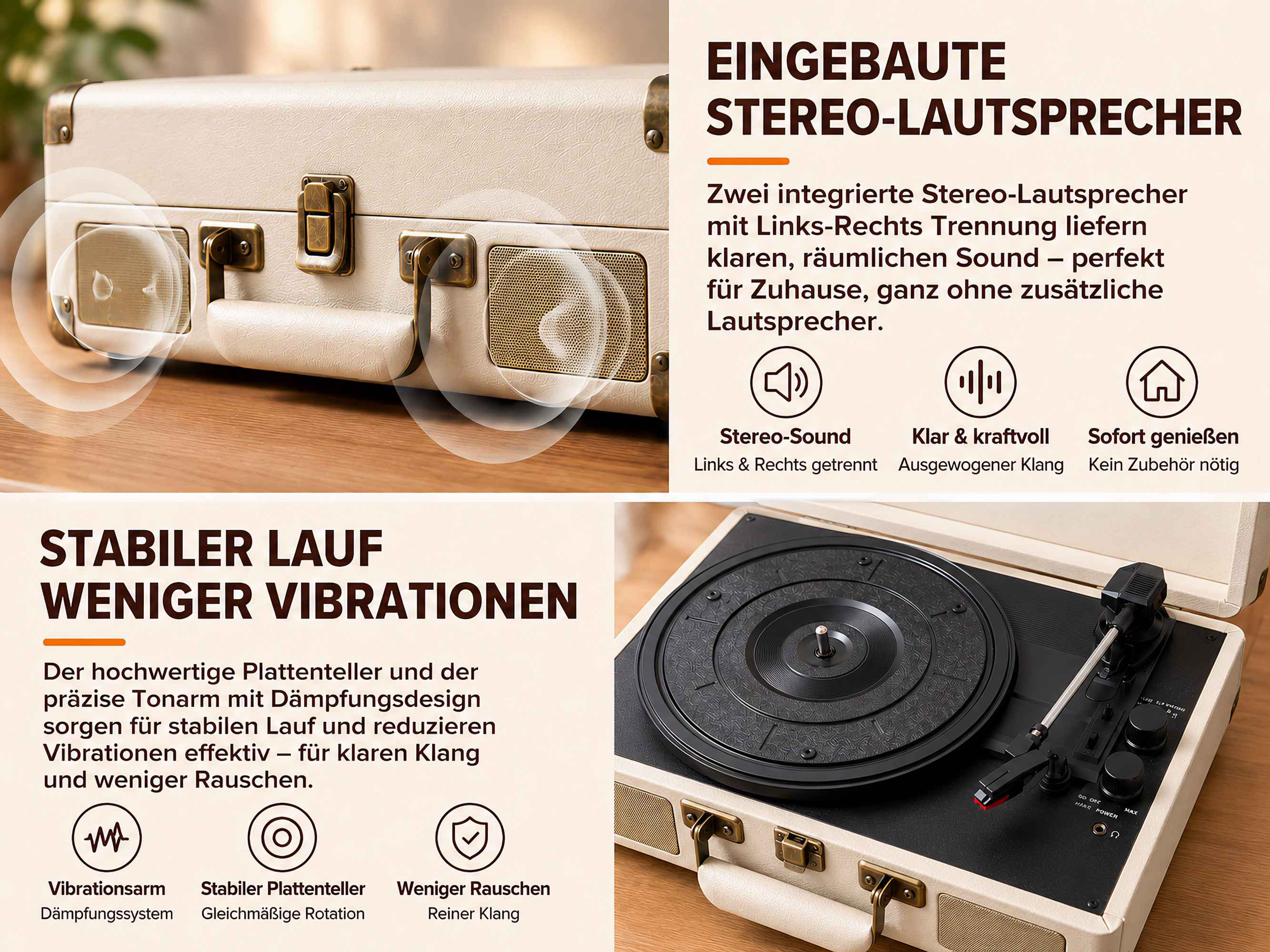 Ein beiger Plattenspieler mit integrierten Stereolautsprechern, Messingverschlüssen und deutschem Text.