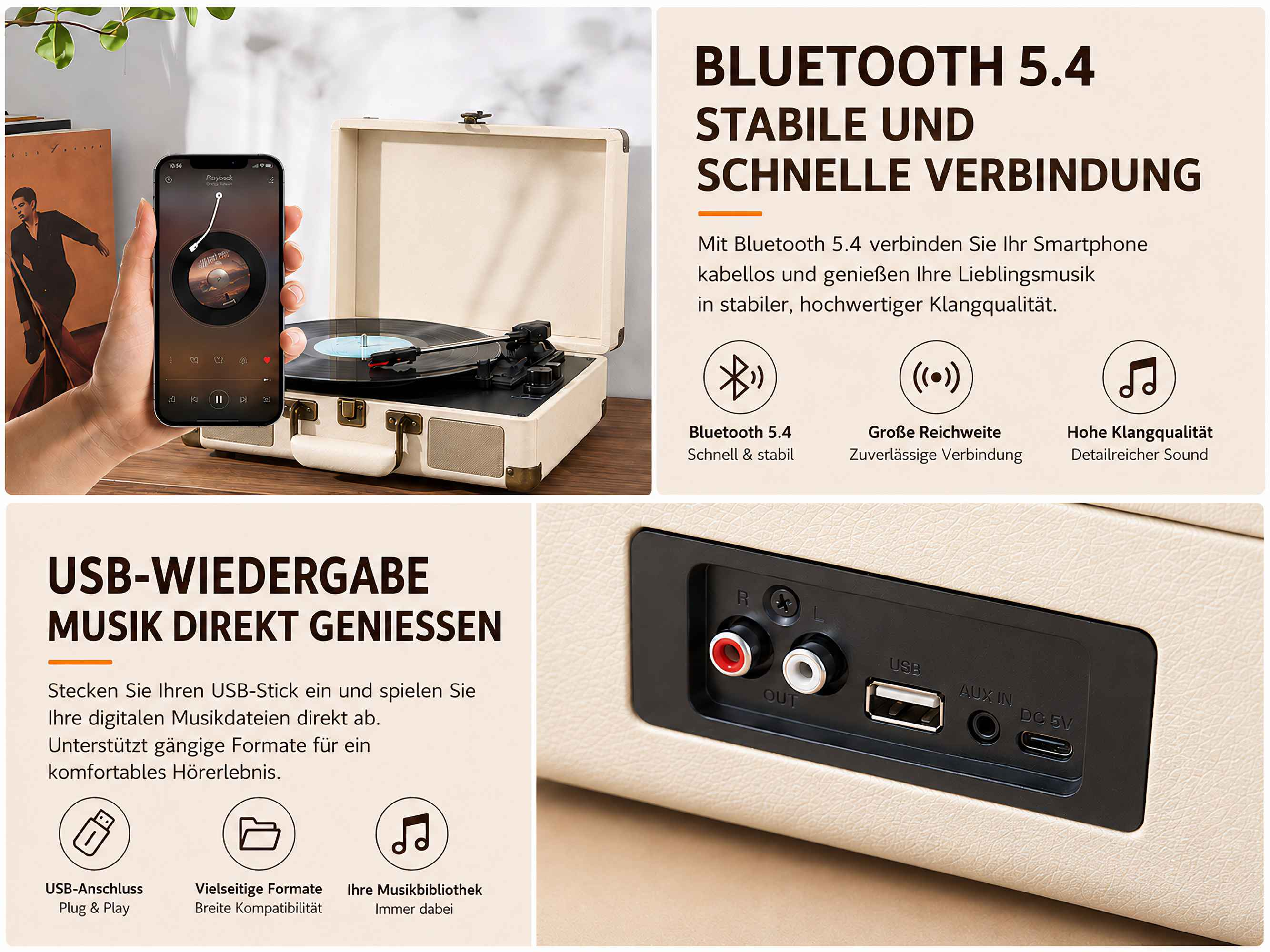 Ein beiger Plattenspieler mit Smartphone, Bluetooth-Funktion und USB-Anschluss.