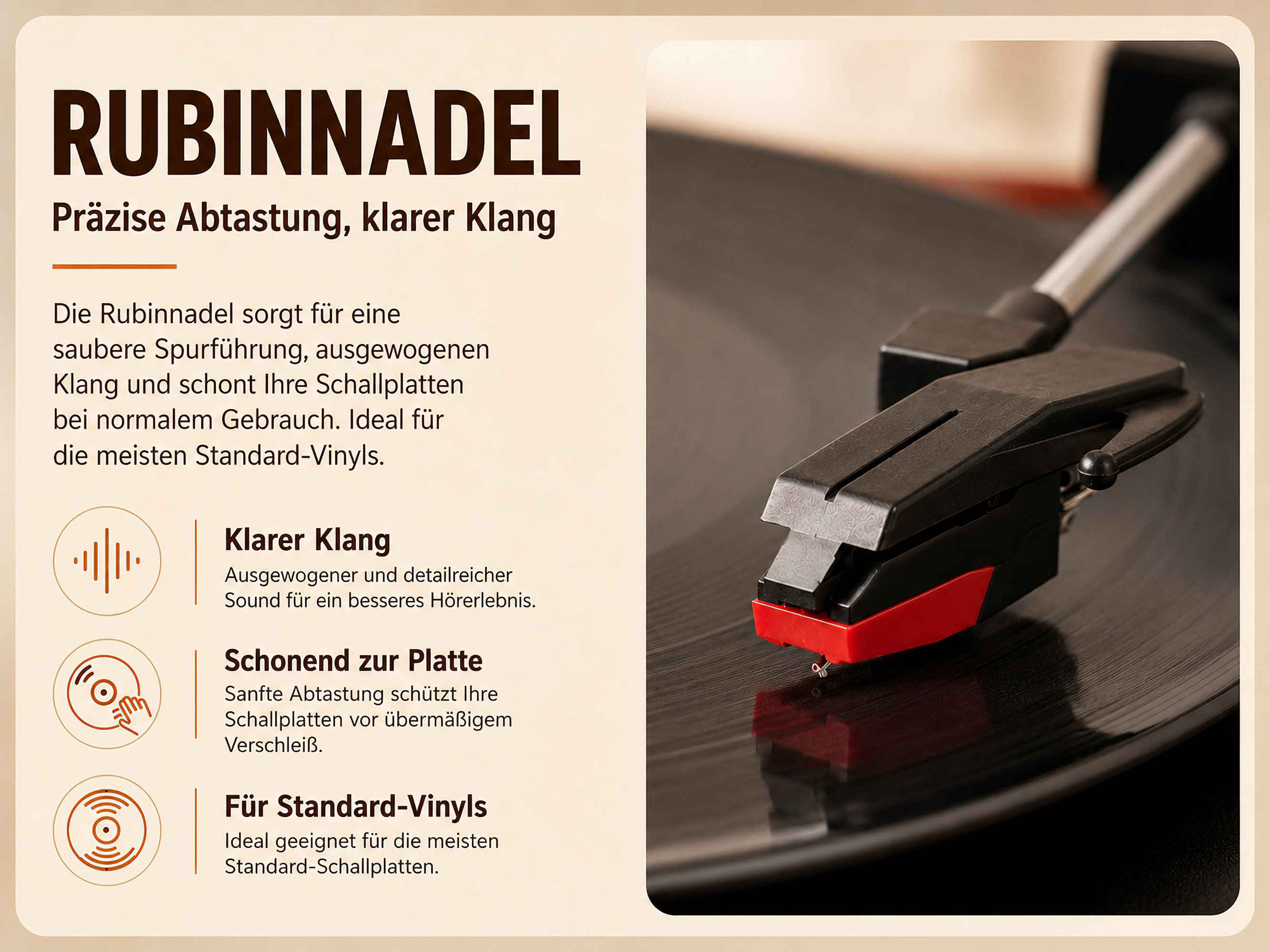 Werbebild für eine Rubin-Tonabnehmernadel mit Text in deutscher Sprache und einem Plattenspieler.