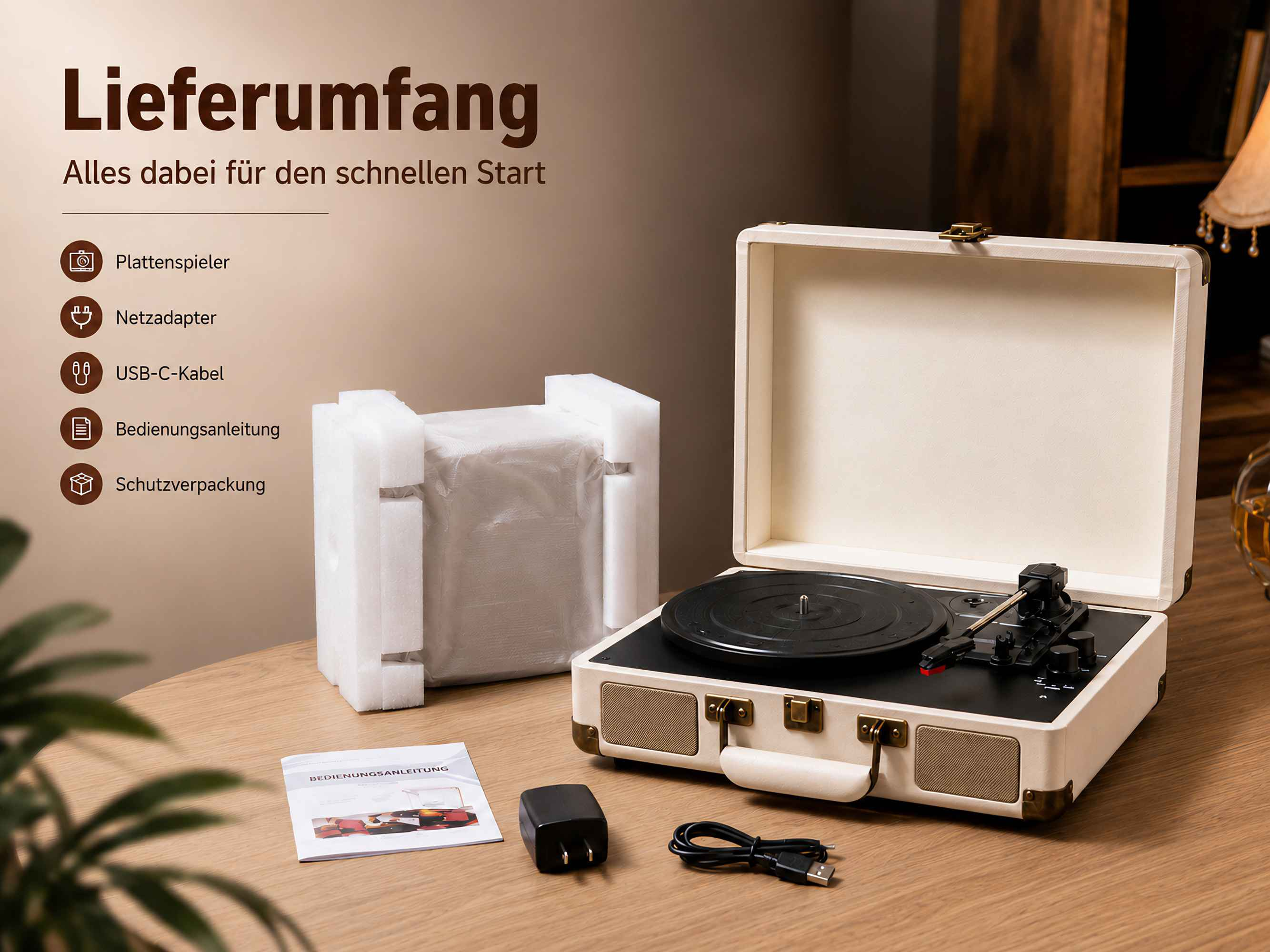 Ein beiger Kofferplattenspieler mit Zubehör auf einem Tisch und deutschem Text links.