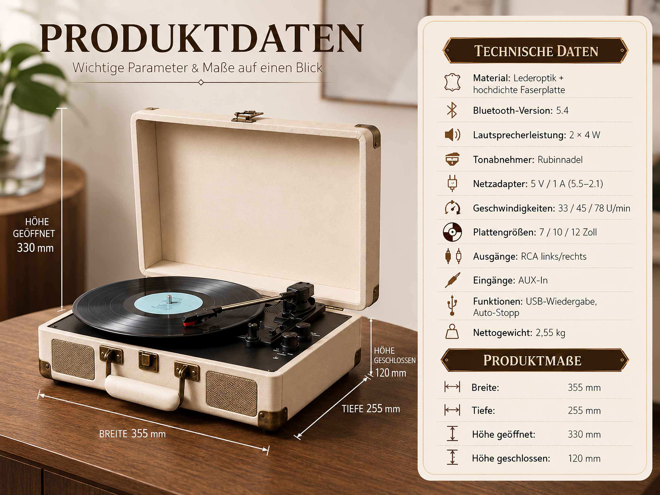 Ein beiger Koffer-Plattenspieler auf einem Holztisch mit Produktdaten und technischen Spezifikationen daneben.