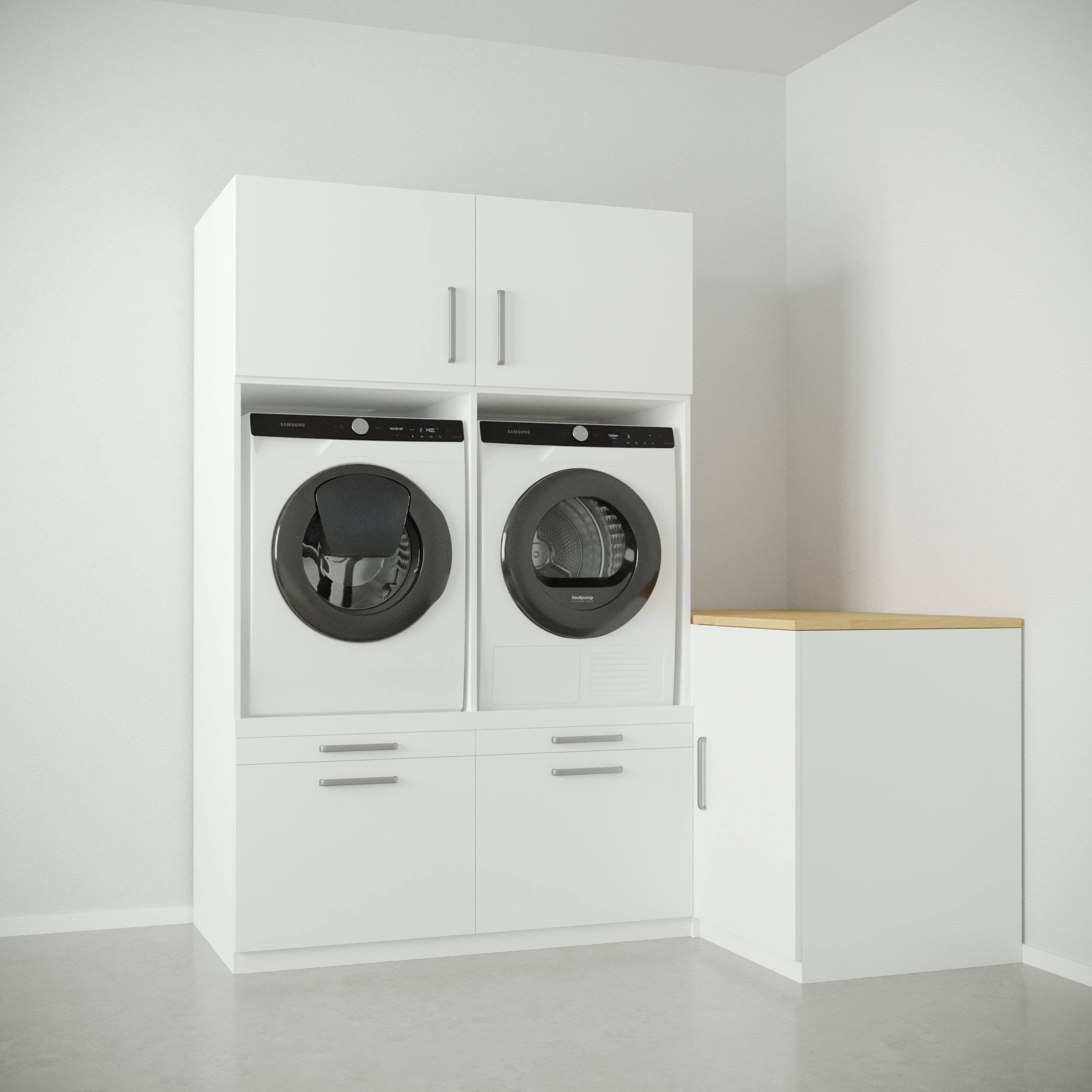 Weisse Waschmaschine und Trockner im Schrank mit Holzarbeitsplatte.