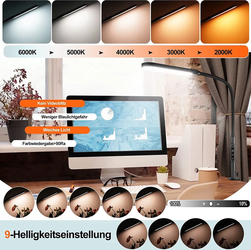 Ein Schreibtisch mit Computer, Lampe, Pflanze sowie Farb- und Helligkeitseinstellungen.