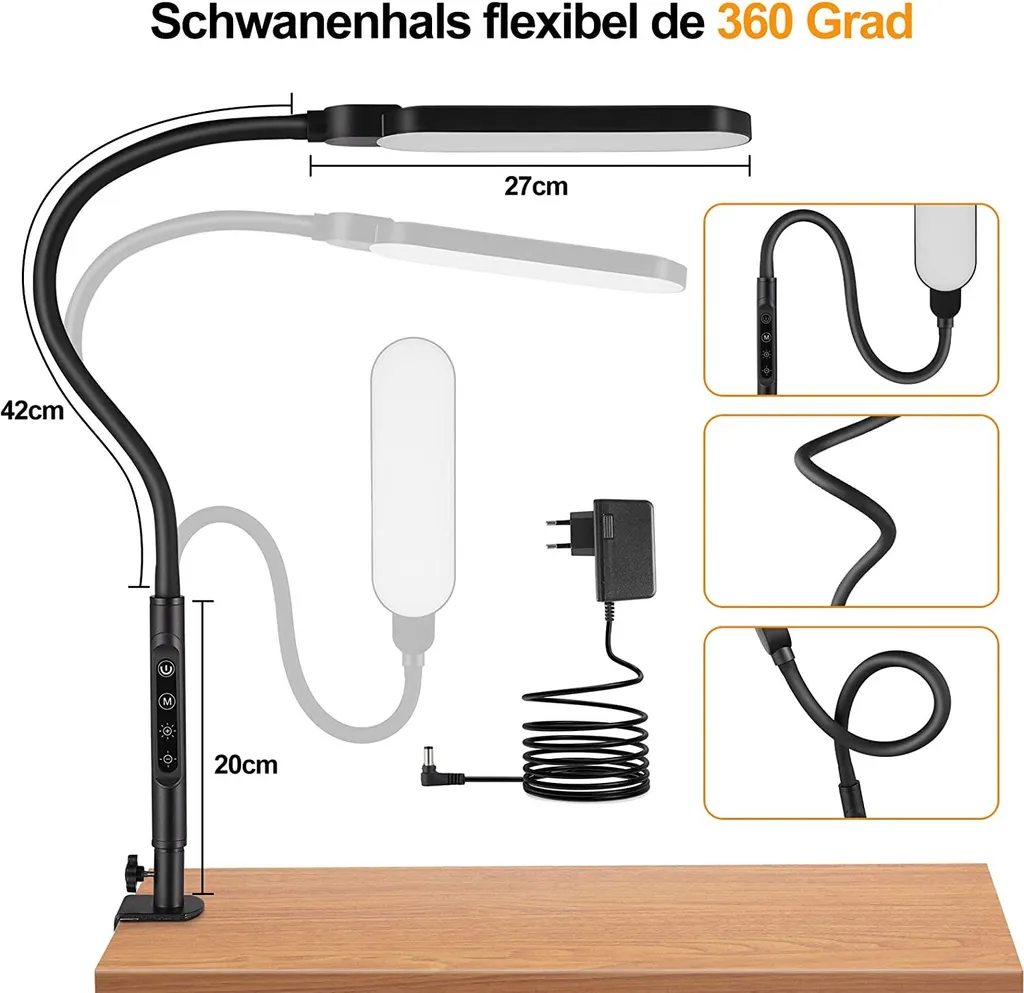 Technische Zeichnung einer flexiblen schwarzen Schreibtischlampe mit Maßen, Netzteil und Krümmungsbeispielen.