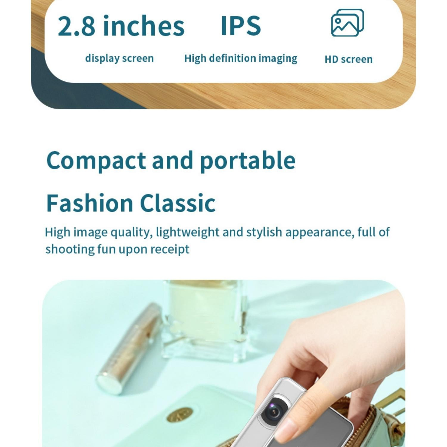 Produktbanner zeigt 2,8-Zoll-IPS-Bildschirm und Hand hält kompakte Kamera.