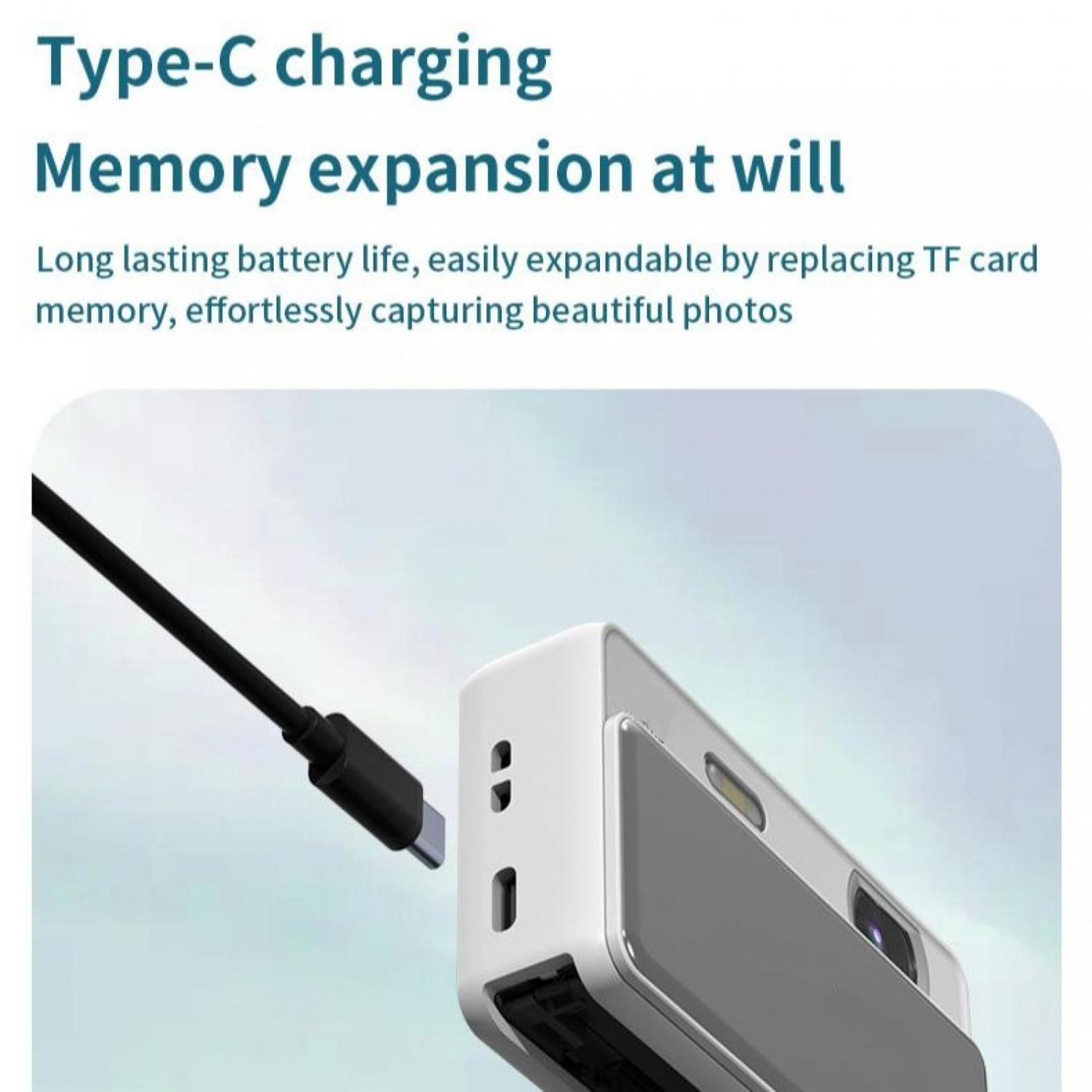 Ein weißes Gadget wird mit einem schwarzen Typ-C-Kabel aufgeladen. Darüber steht Text.