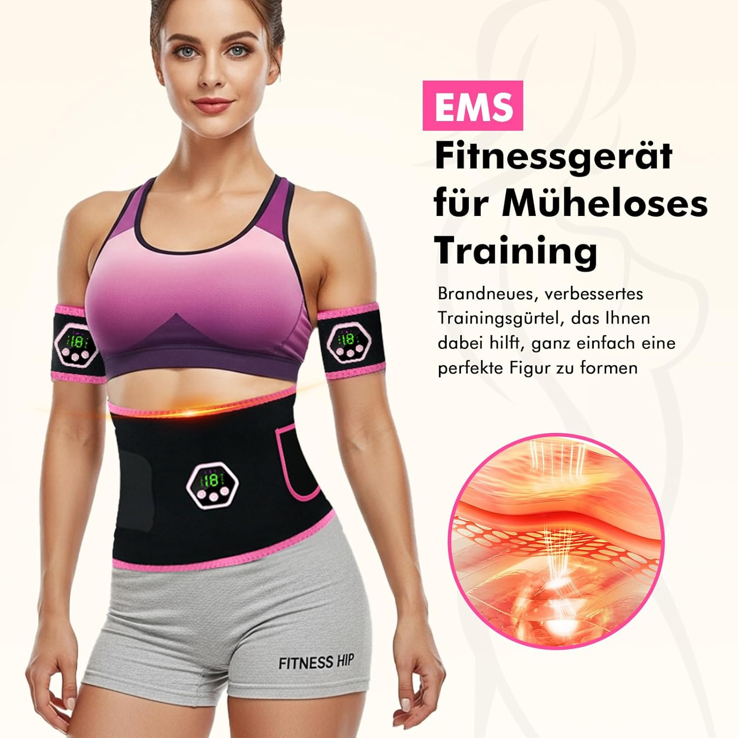 Eine Frau trägt einen EMS-Fitnessgürtel und Armbänder zur Muskelstimulation.