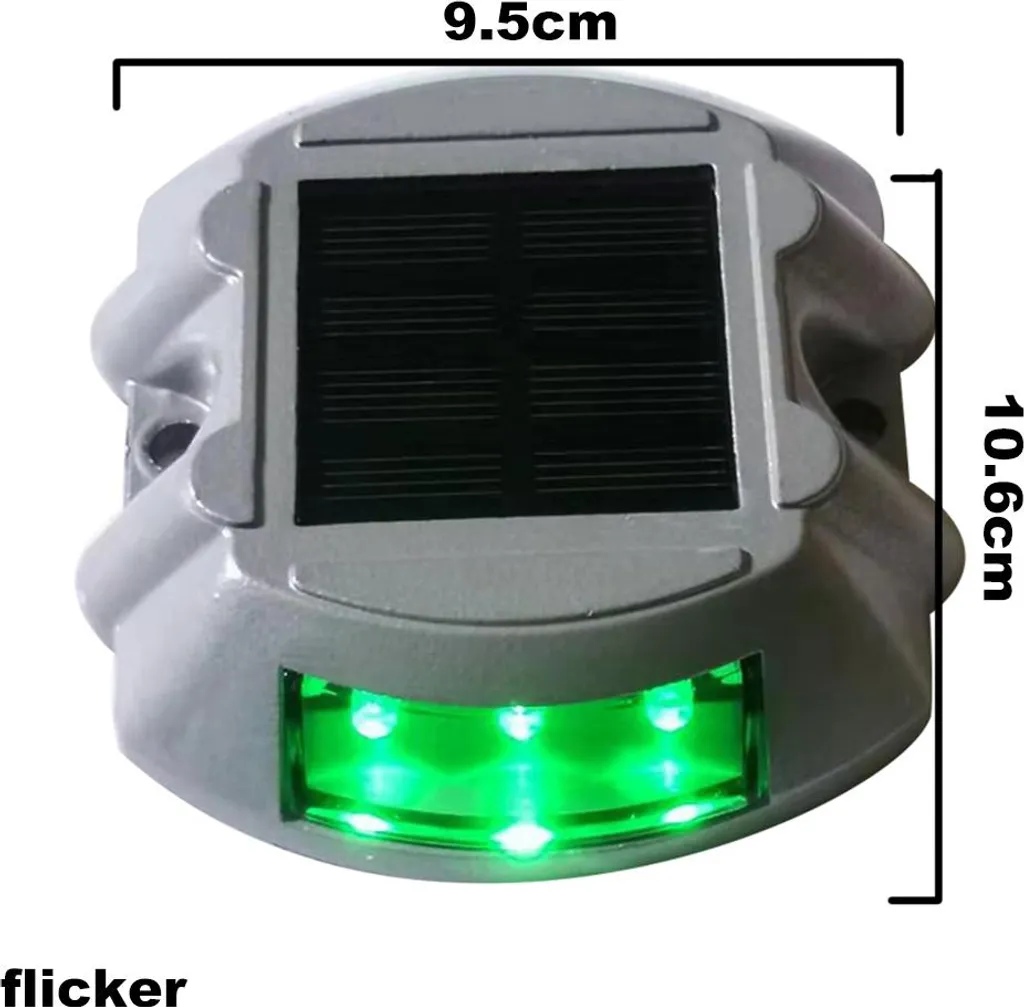 Grauer, solarbetriebener Straßenkater mit grünen LEDs und Maßen von 9.5x10.6cm.