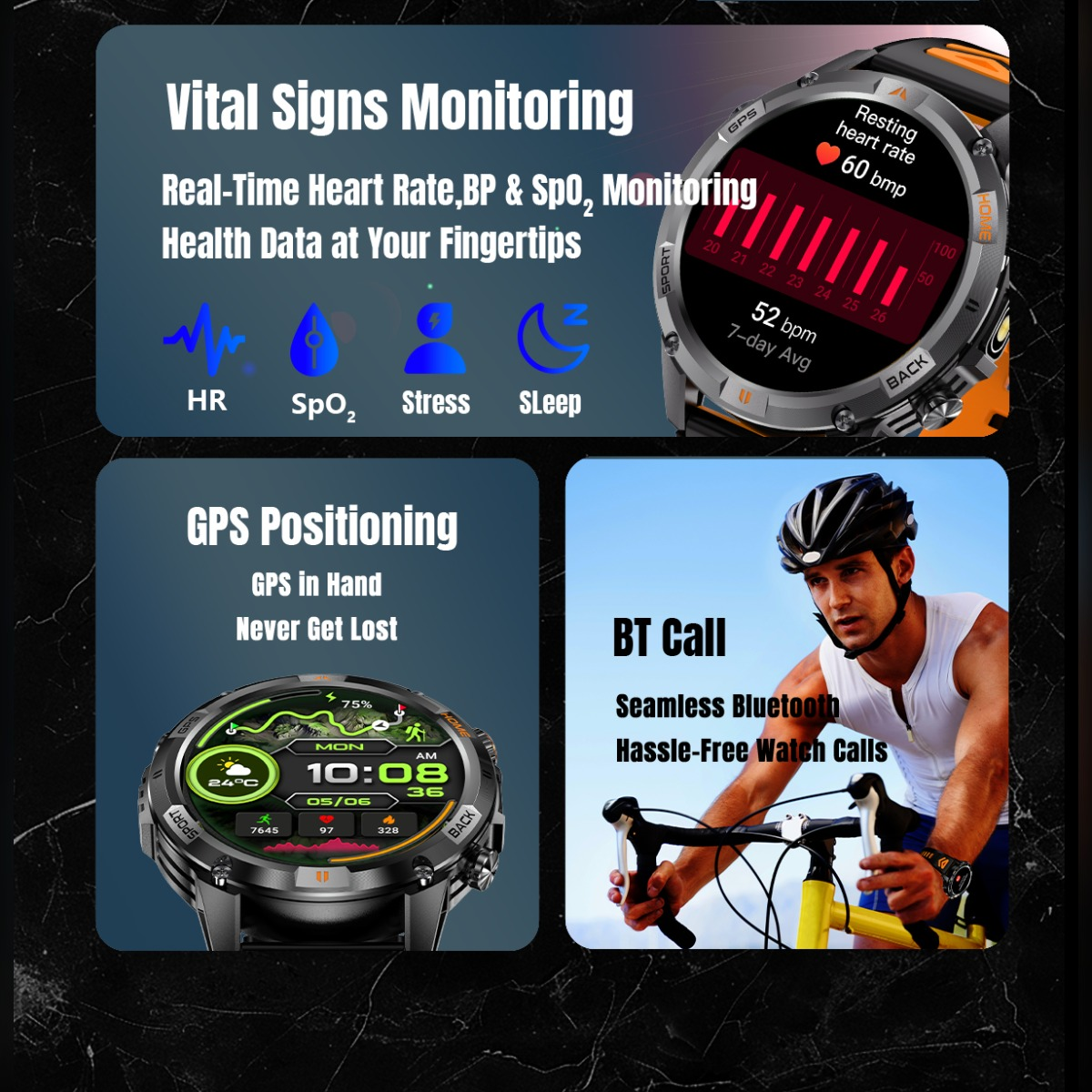 Promografik einer Sport-Smartwatch mit Funktionen wie Herzfrequenzmessung, GPS und Bluetooth-Anrufen.