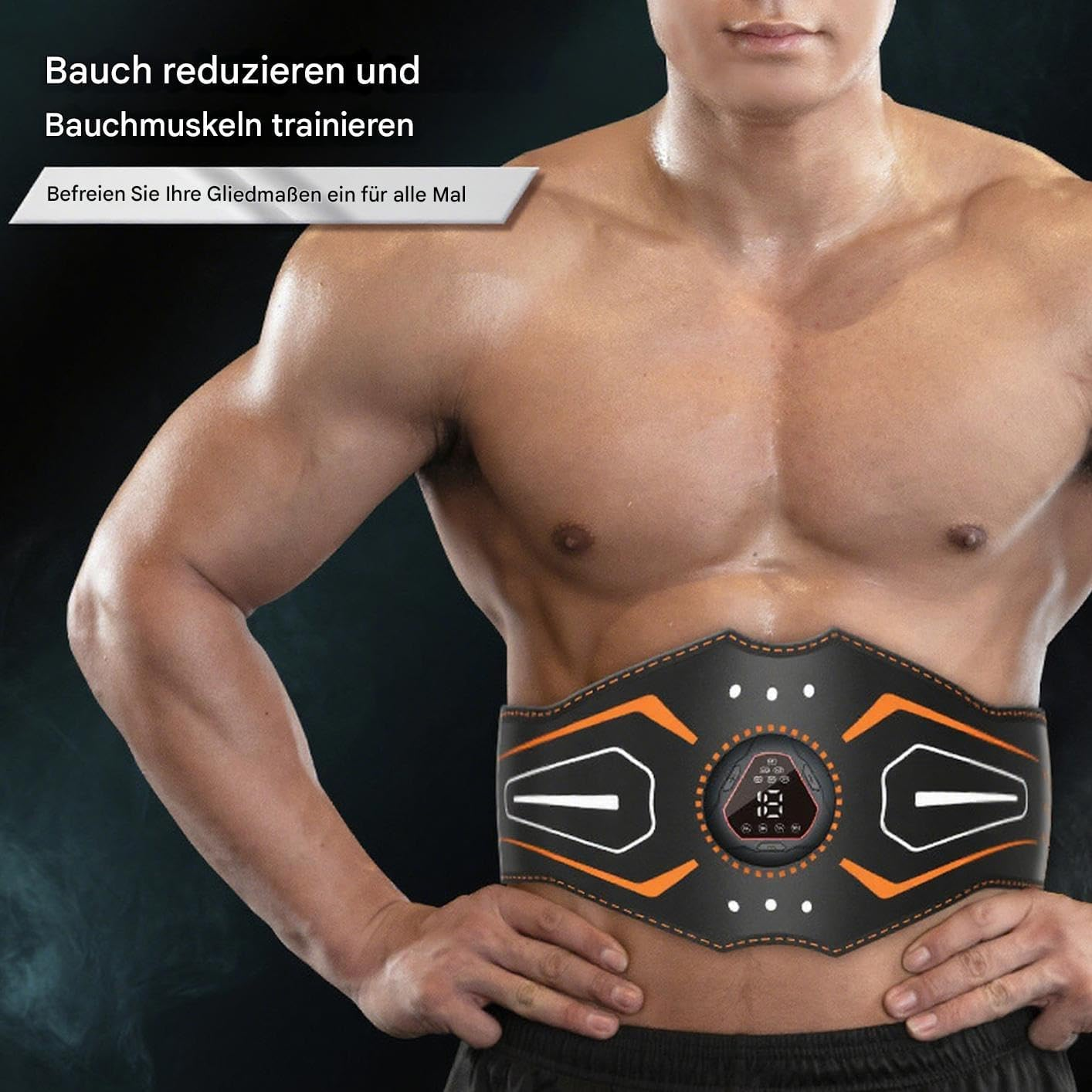 Ein muskulöser Mann trägt einen EMS-Bauchmuskeltrainer mit digitalem Display.