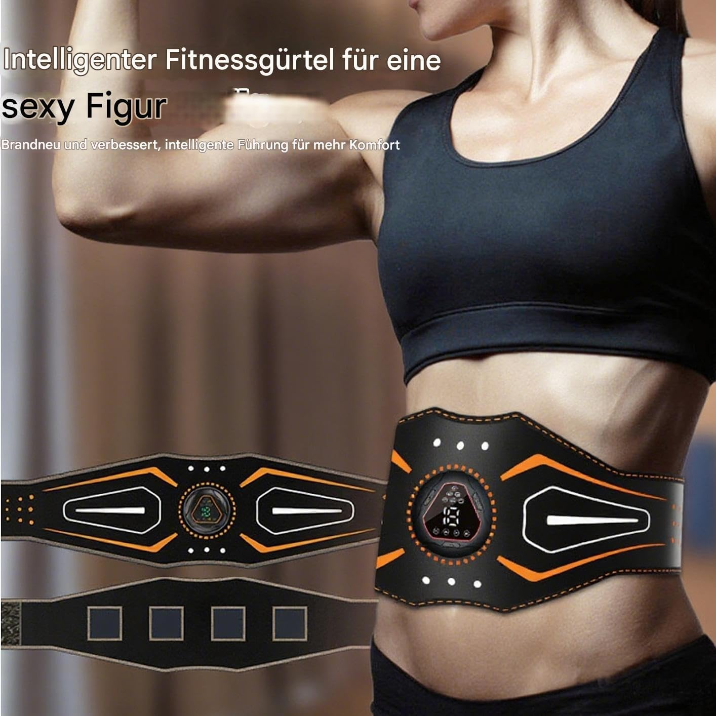 Eine Frau trägt einen elektronischen Fitnessgürtel am Bauch, mit Text overlays auf Deutsch.