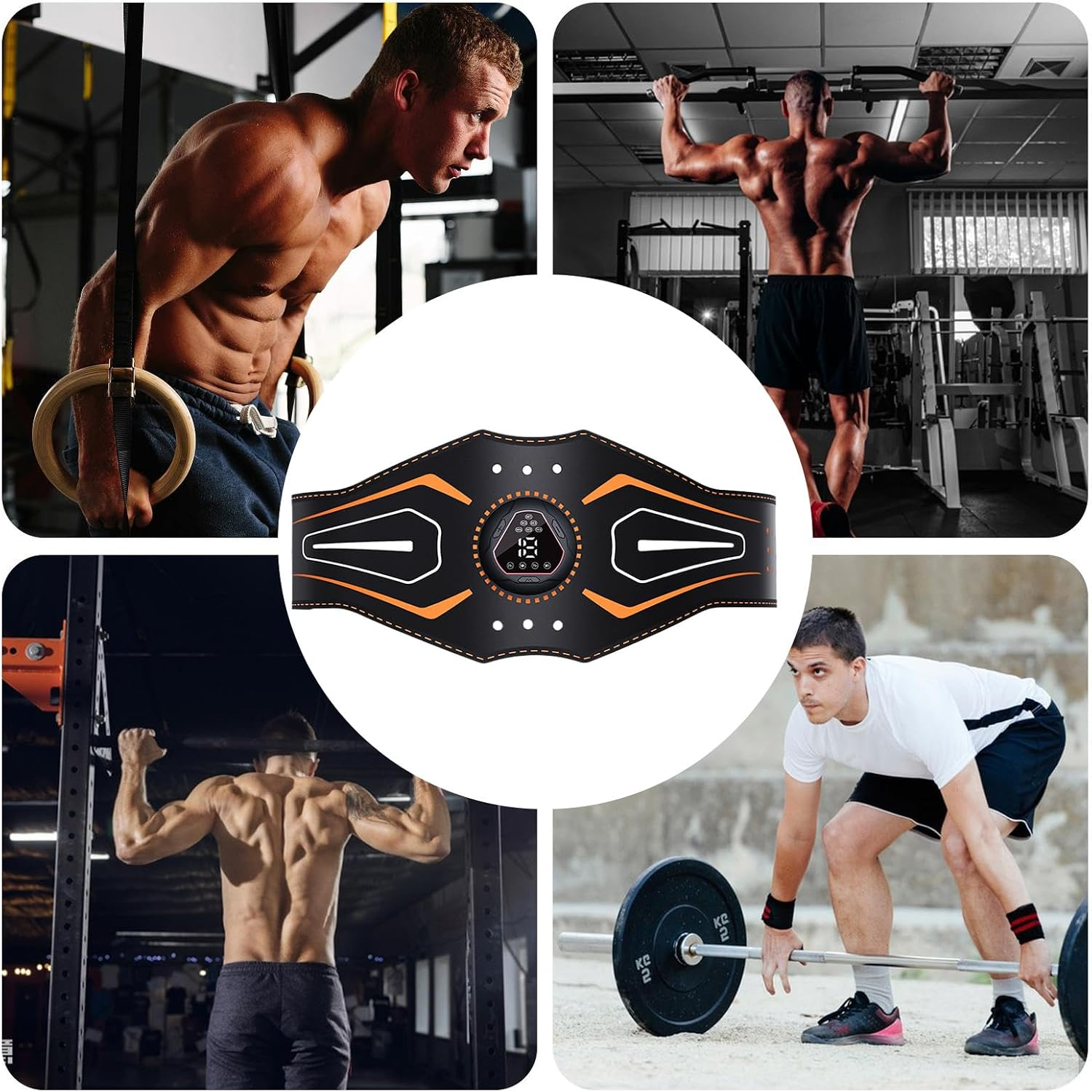 Collage von Männern im Fitnessstudio, die einen schwarzen elektronischen Bauchmuskelgürtel umgeben.