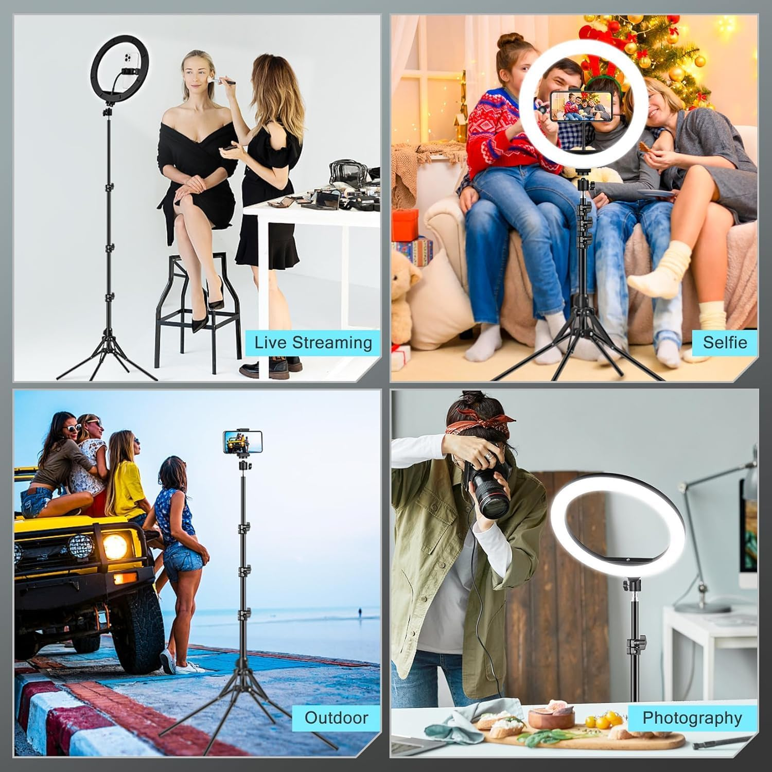 Vier Bilder zeigen die Verwendung eines Ringleichts beim Live-Streaming, Selfie, Outdoor-Einsatz und in der Fotografie.