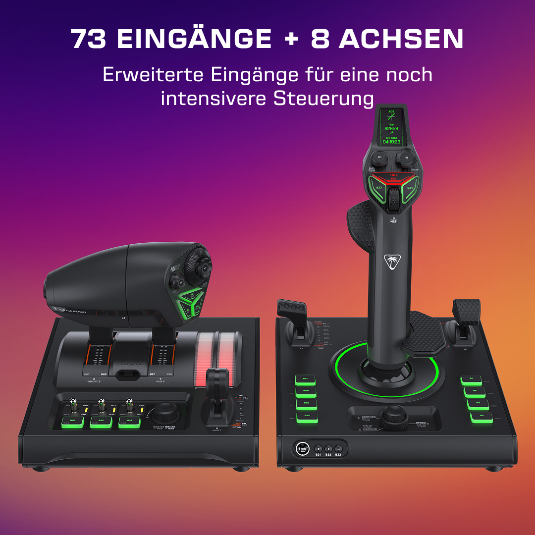 Gaming-Joystick und Throttle-System in Schwarz mit grünen Akzenten auf einem violett-orangen Hintergrund.