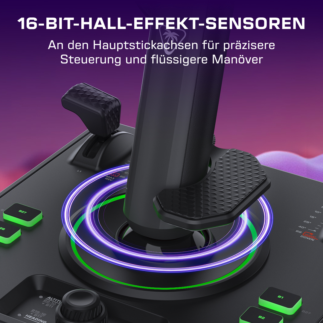 Gaming-Joystick mit Hall-Effekt-Sensoren und leuchtenden violetten Ringen auf der Basis.