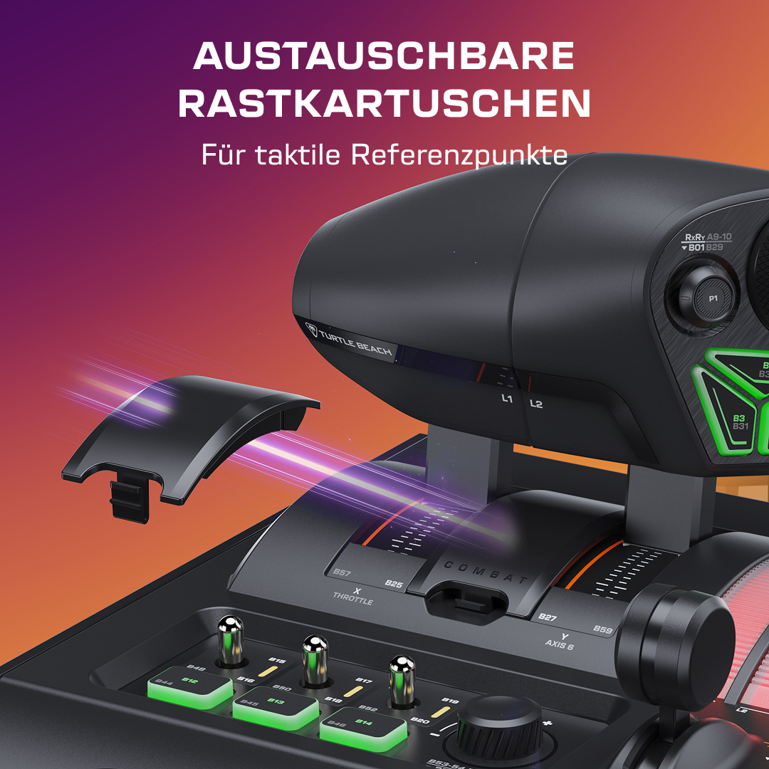 Schwarzer Turtle Beach Throttle mit austauschbaren RAST-Karten vor buntem Hintergrund.