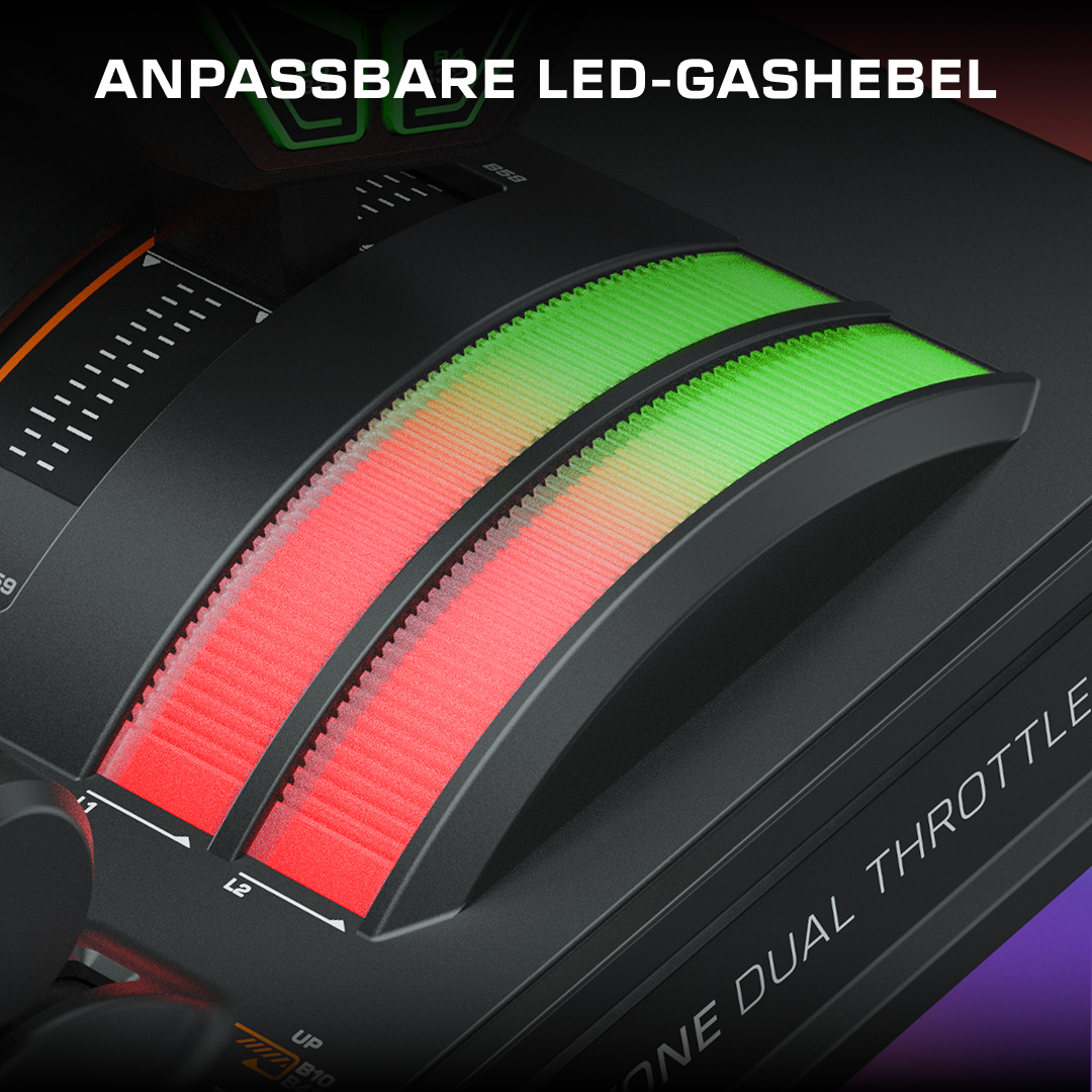 Close-up of a dual throttle with customizable red and green LED indicator strips and German text at the top.