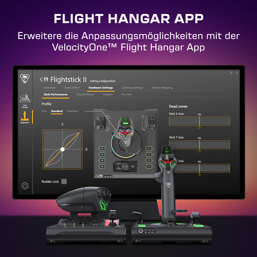 Monitor mit Flugsimulator-App und Hardware-Tasten und Joystick davor auf dem Tisch.