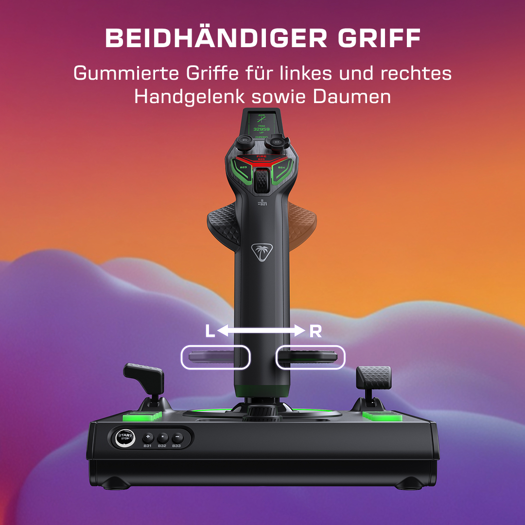 Ein schwarzer Gaming-Joystick mit Gummigriffen für den beidhändigen Einsatz vor violettem und orangem Hintergrund.