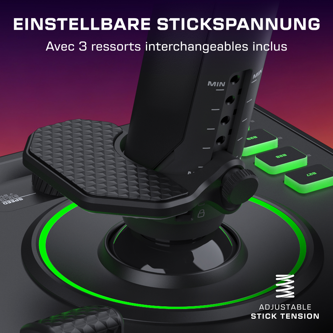 Close-up of a gaming joystick with adjustable stick tension and green glowing light rings.