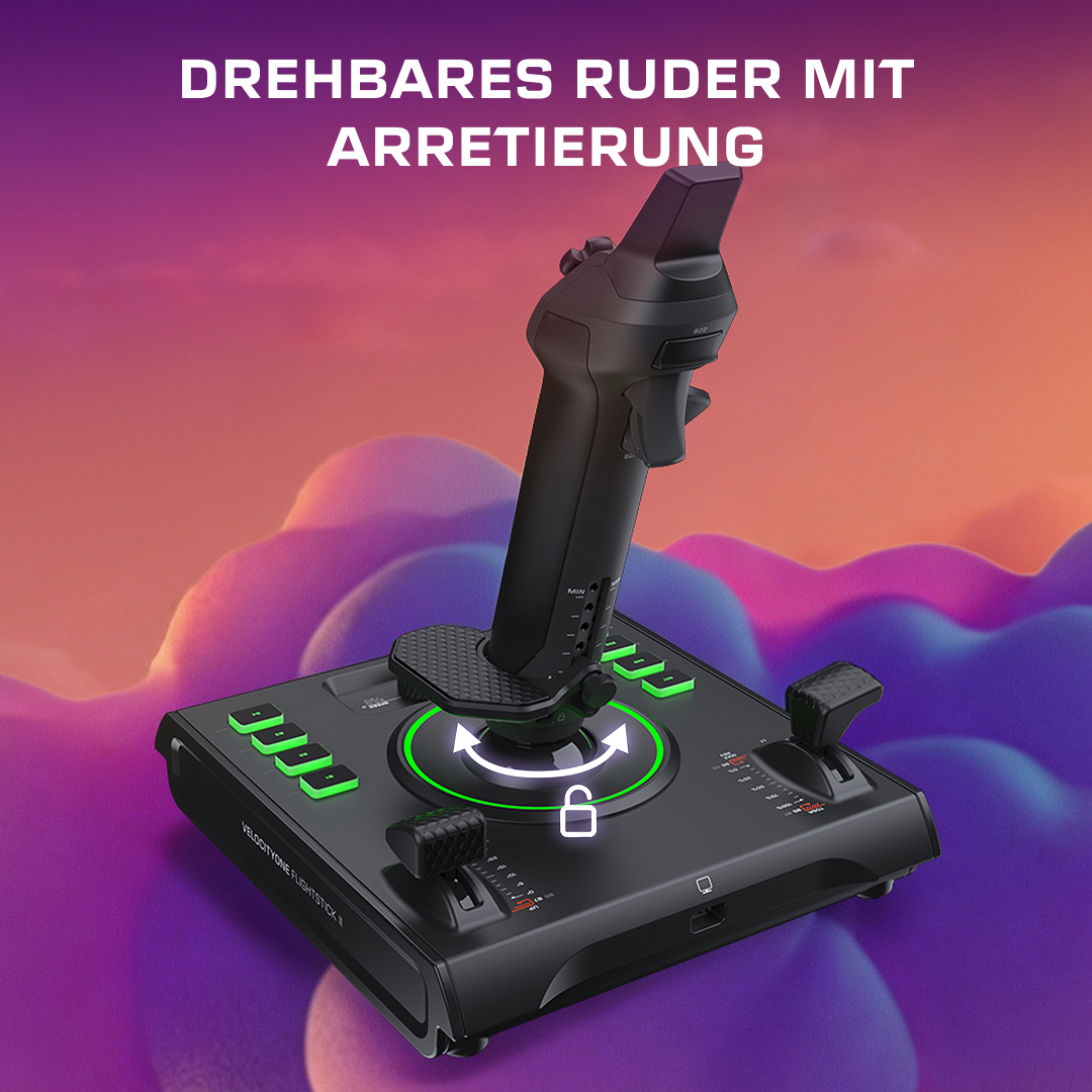 Schwarzer Flightstick mit grünen Tasten und Drehachse auf pink-blauem Hintergrund.