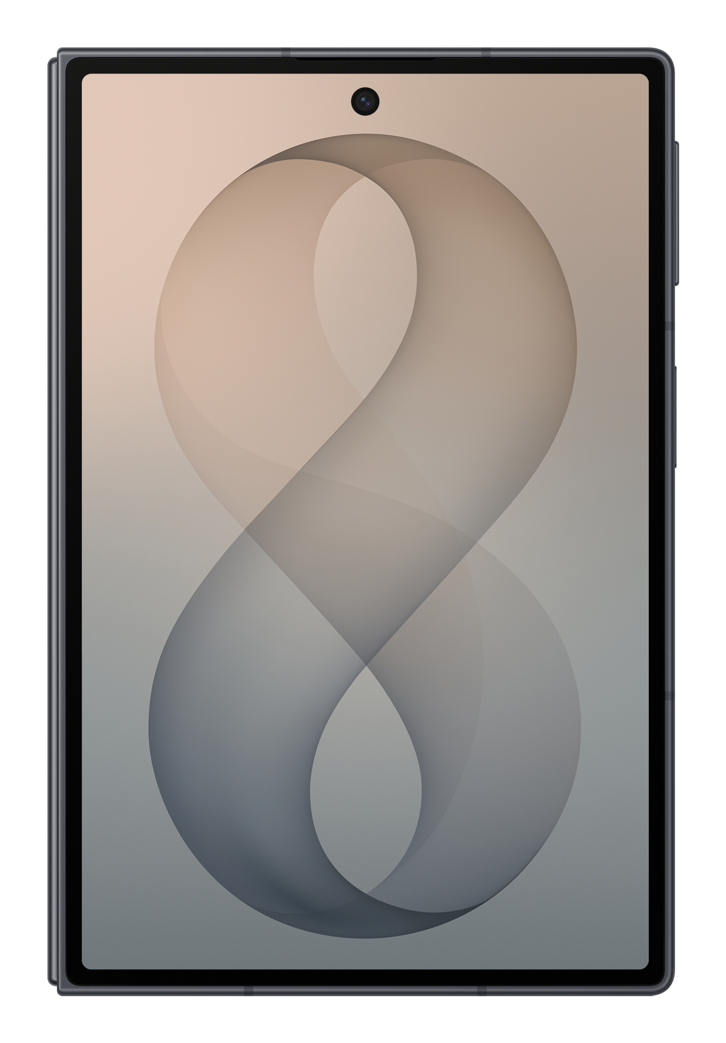 Uno smartphone che mostra un motivo astratto ad anello sullo schermo e una fotocamera frontale.